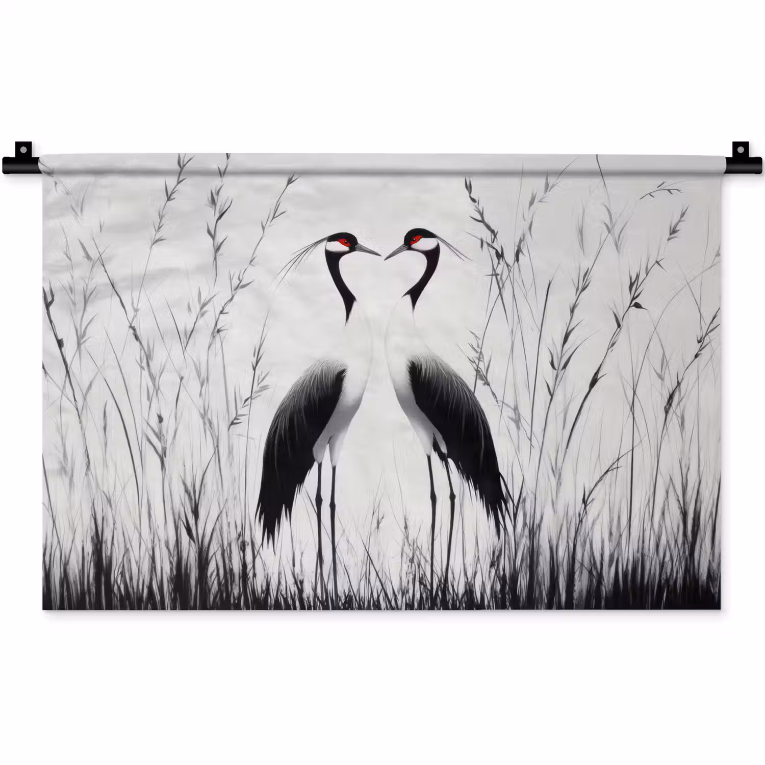 Kraanvogels - Gras - Hartvorm - Zwart Wandkleed katoen klein -zz3d