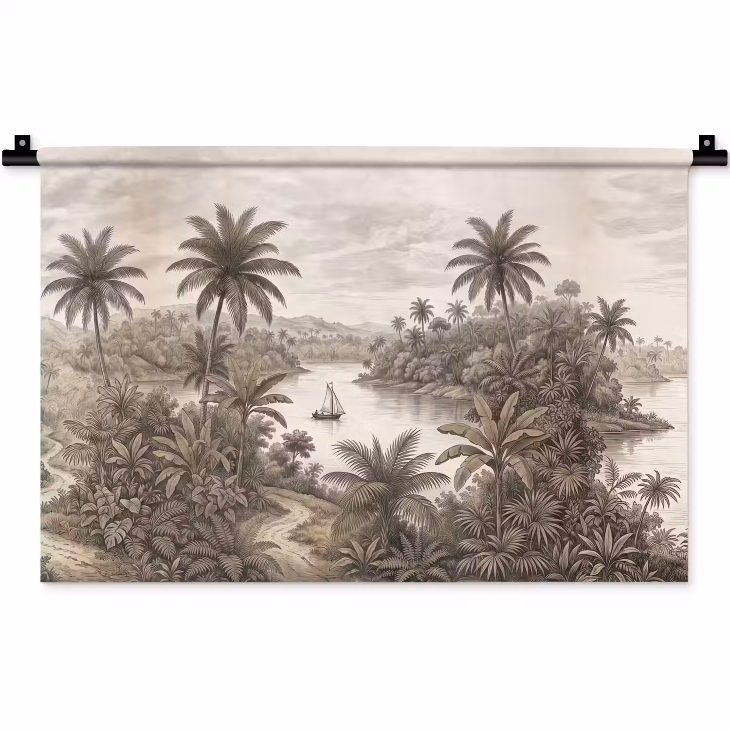 Landschap - Rivier - Boot - Tropisch - Vintage Wandkleed katoen klein -zz3d