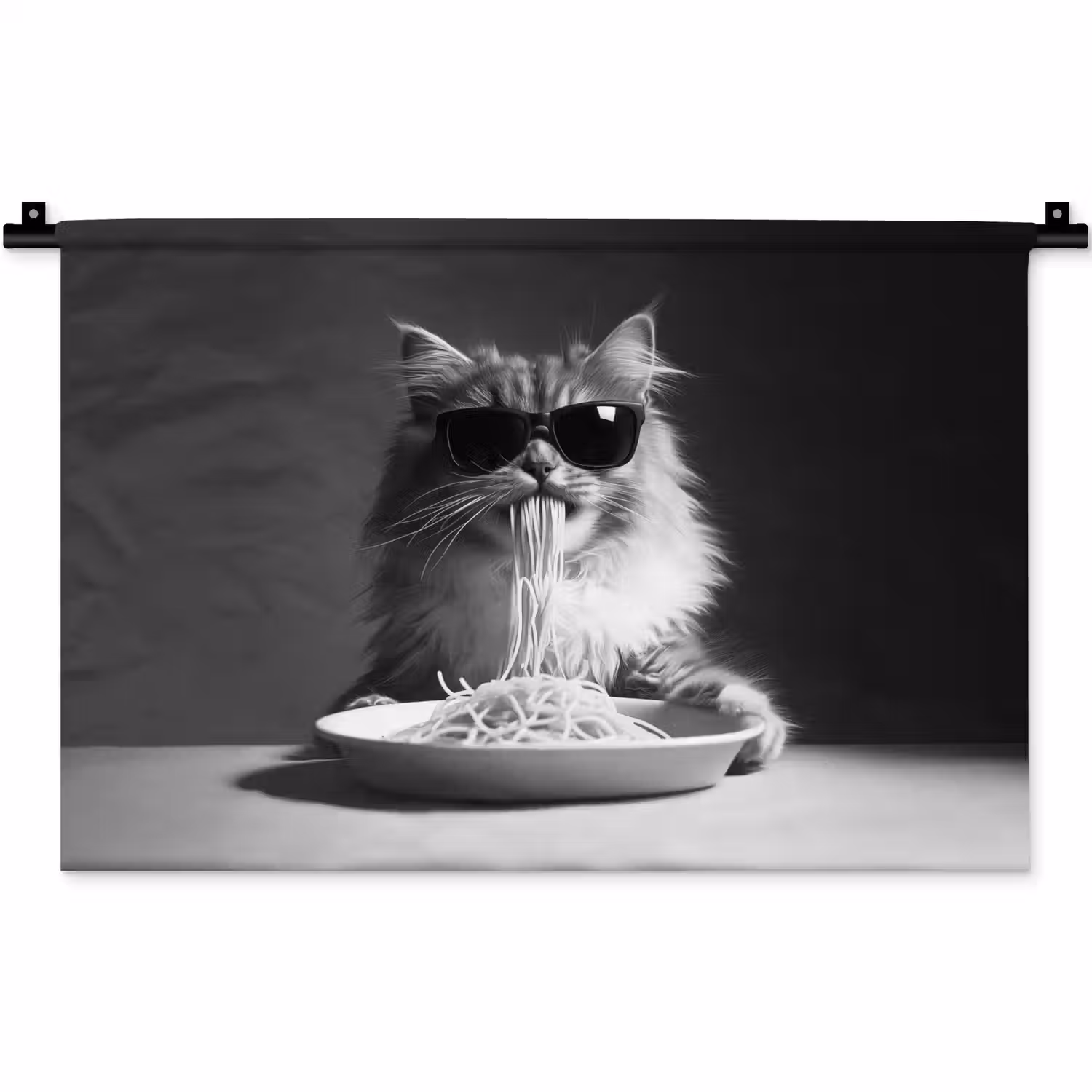 Langharige kat - Zonnebril - Spaghetti - Humor - Zwart - wit Wandkleed katoen klein -zz3d