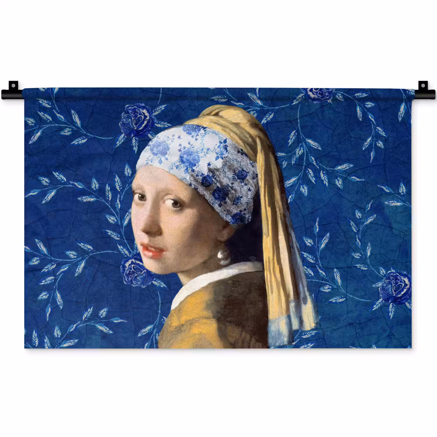 Meisje met de parel - Delfts blauw - Vermeer - Bloemen - Schilderij - Oude meesters Wandkleed katoen klein -zz3d