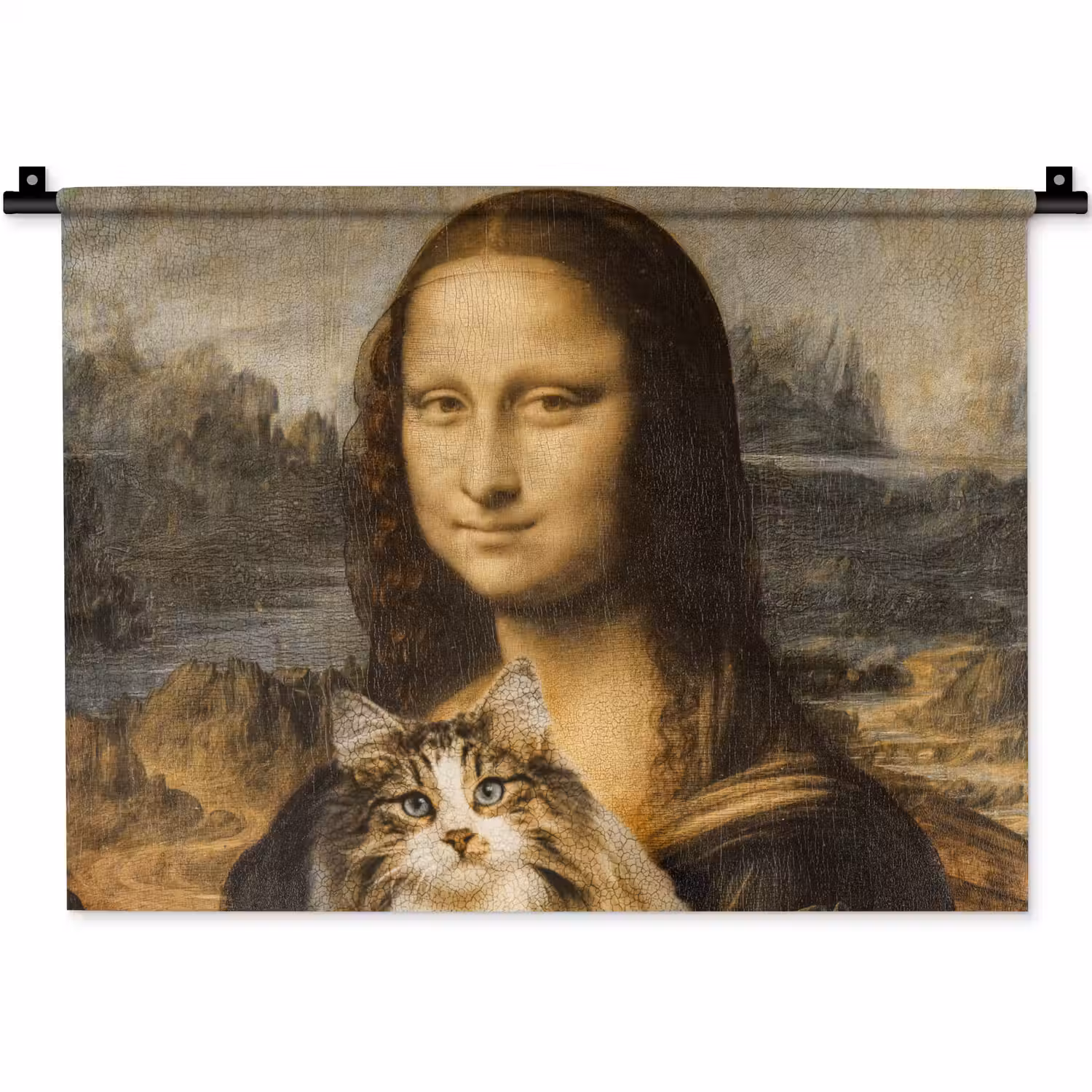 Mona Lisa - Kat - Leonardo da Vinci - Vintage - Kunstwerk - Oude meesters - Schilderij Wandkleed katoen klein -zz3d