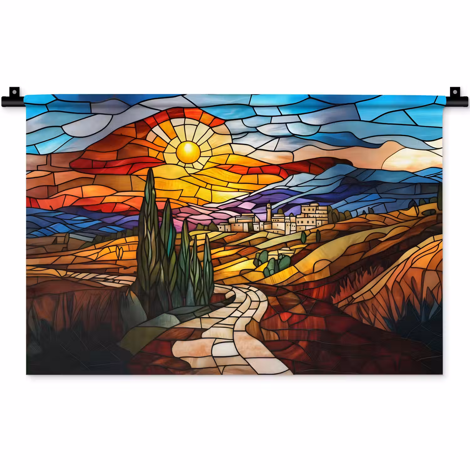 Mozaïek - Zon - Landschap - Dorp Wandkleed katoen klein -zz3d