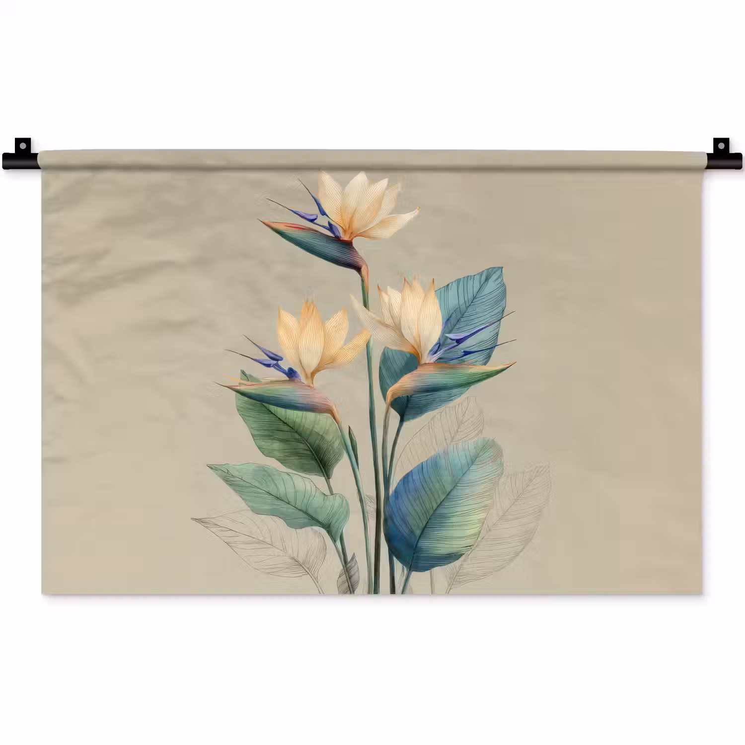 Paradijsvogelbloemen - Blauwgroene bladeren - Beige Wandkleed katoen klein -zz3d