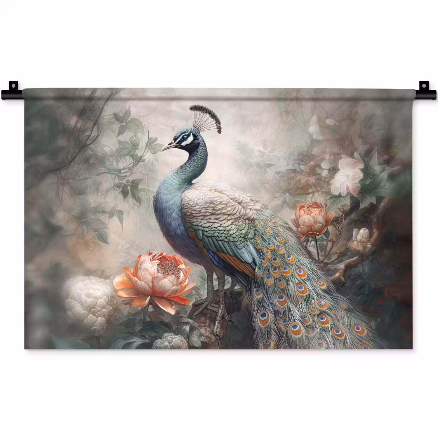 Pauw - Pauwenveren - Vogel - Jungle - Bloemen Wandkleed katoen klein -zz3d