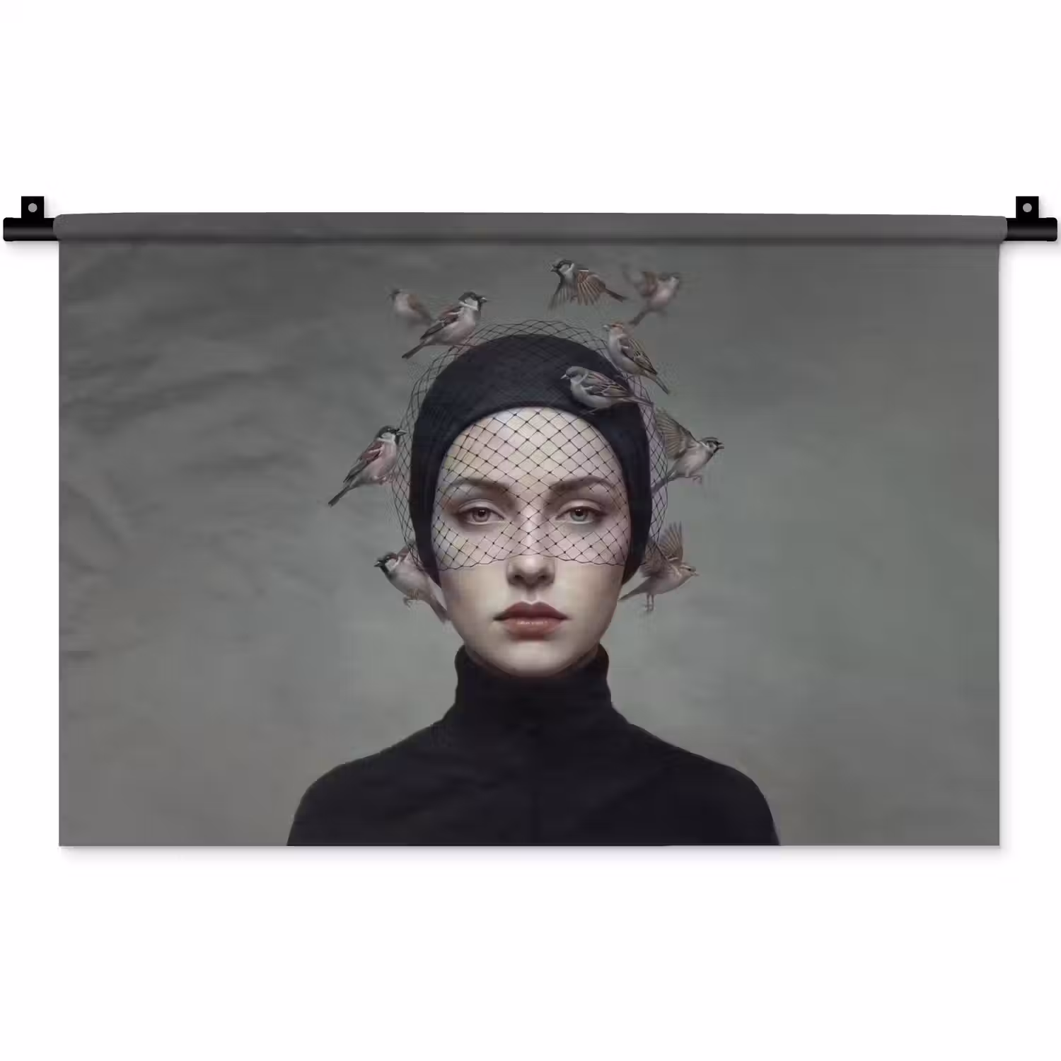 Portret - Vogels - Zwart Wandkleed katoen klein -zz3d