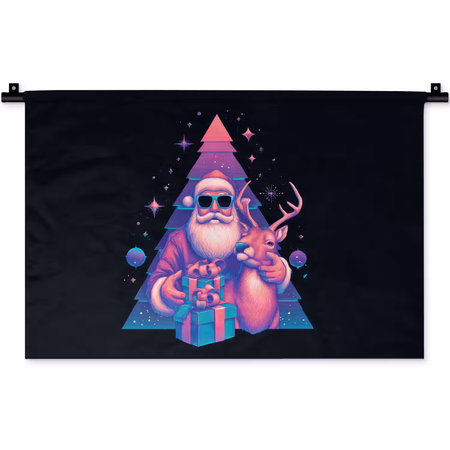 Retro - Kerstman - Rendieren - Kerstboom Wandkleed katoen klein -zz3d