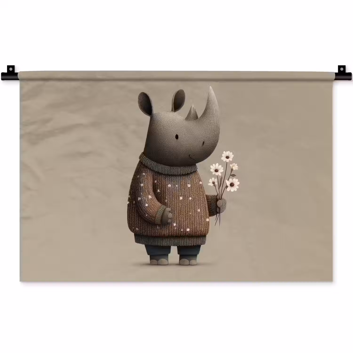Neushoorn - Witte bloemen - Lief Wandkleed katoen klein -zz3d