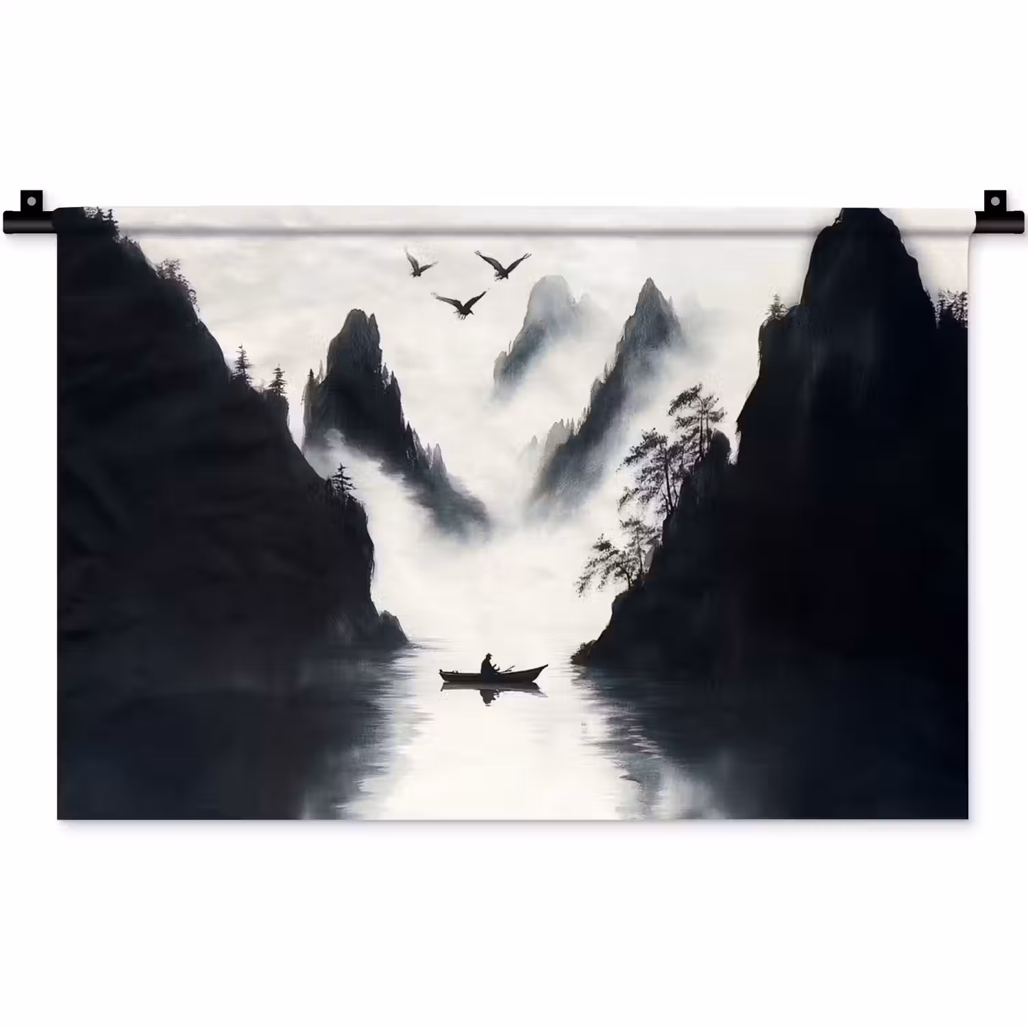 Roeiboot - Mistig - Bergen - Vogels Wandkleed katoen klein -zz3d
