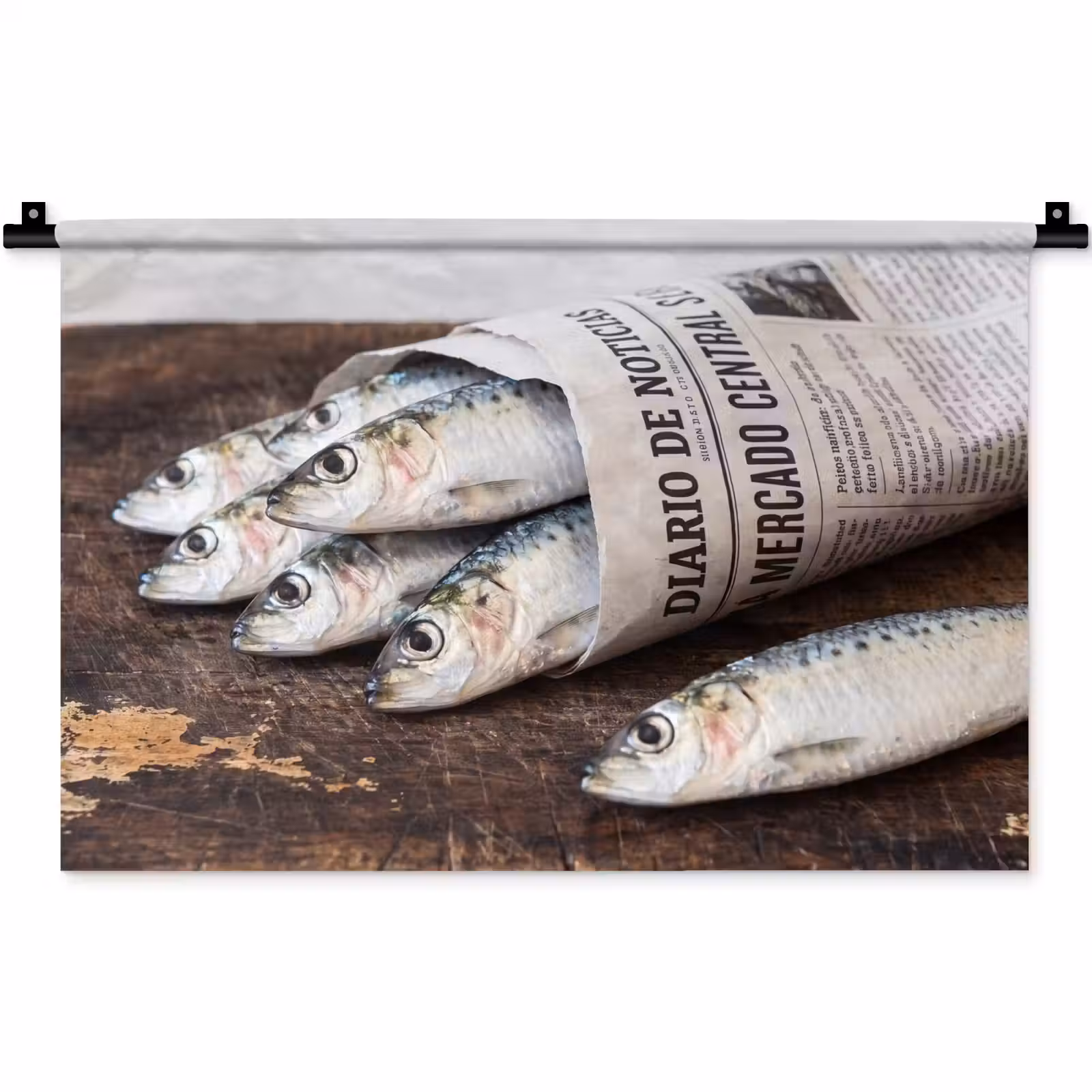 Wandteppich - Sardine – Zeitung – Schneidebrett - Sardientje - krant - snijplank Wandkleed katoen klein