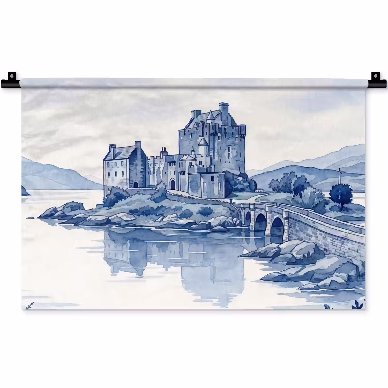 Schots - Kasteel - Blauw - Aquarel Wandkleed katoen klein -zz3d