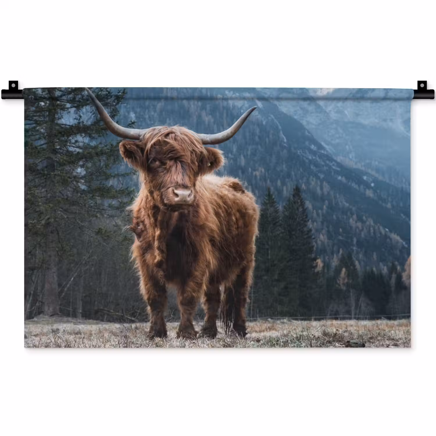 Schotse hooglander - Berg - Landschap - Bomen - Koe - Natuur Wandkleed katoen klein -zz3d