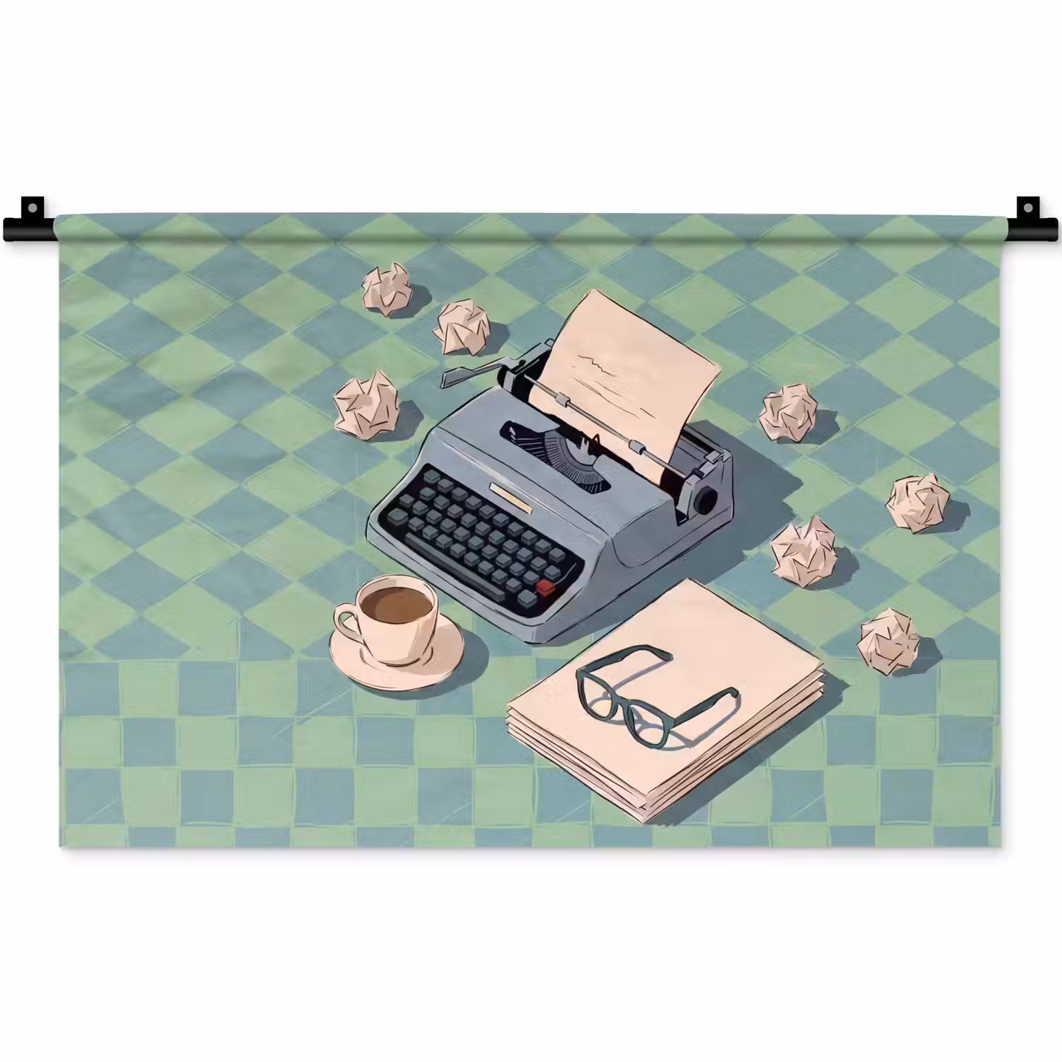 Typemachine - Kantoor - Vintage - Illustratie - Groen Wandkleed katoen klein -zz3d