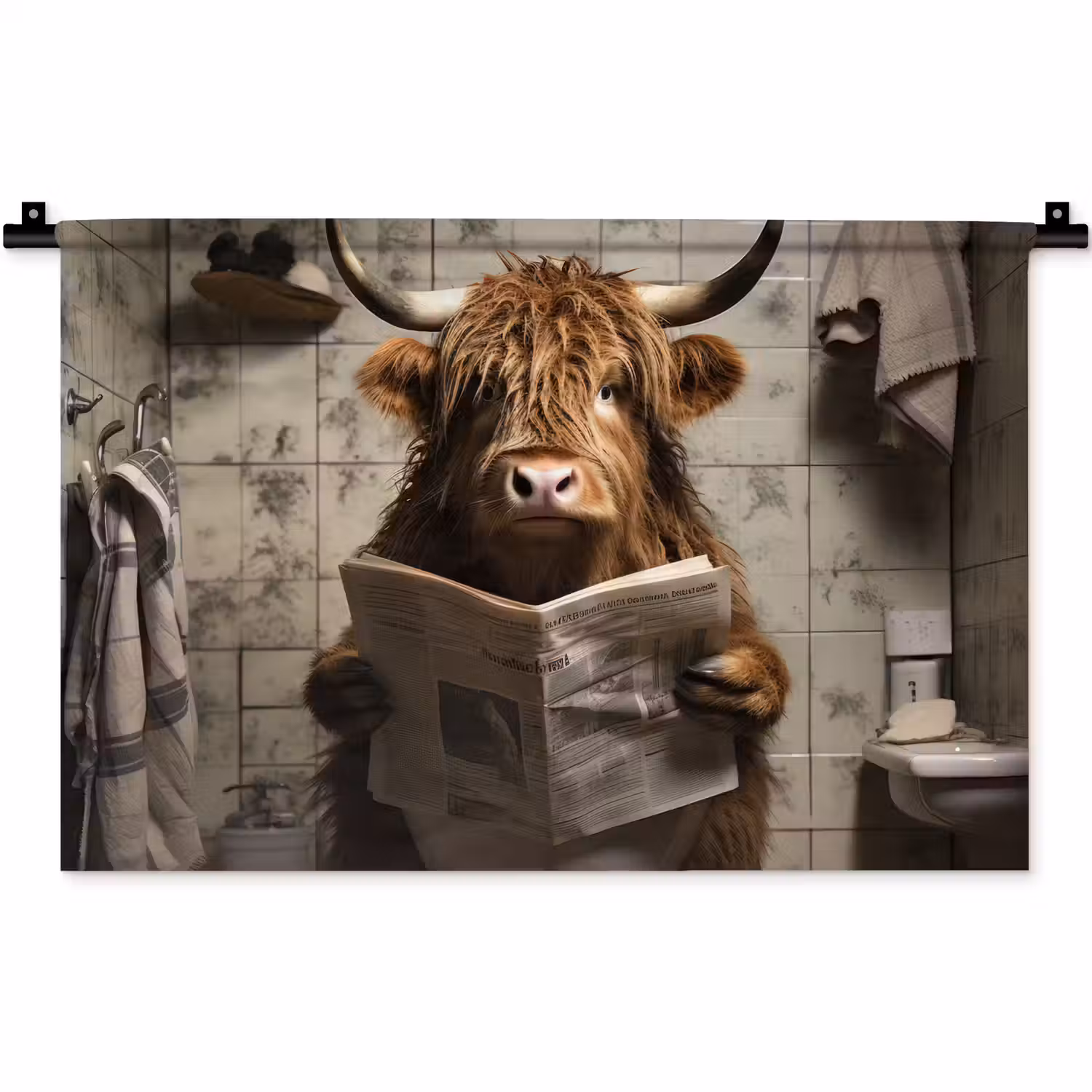 Schotse hooglander - Toilet - Krant - Badkamer Wandkleed katoen klein -zz3d