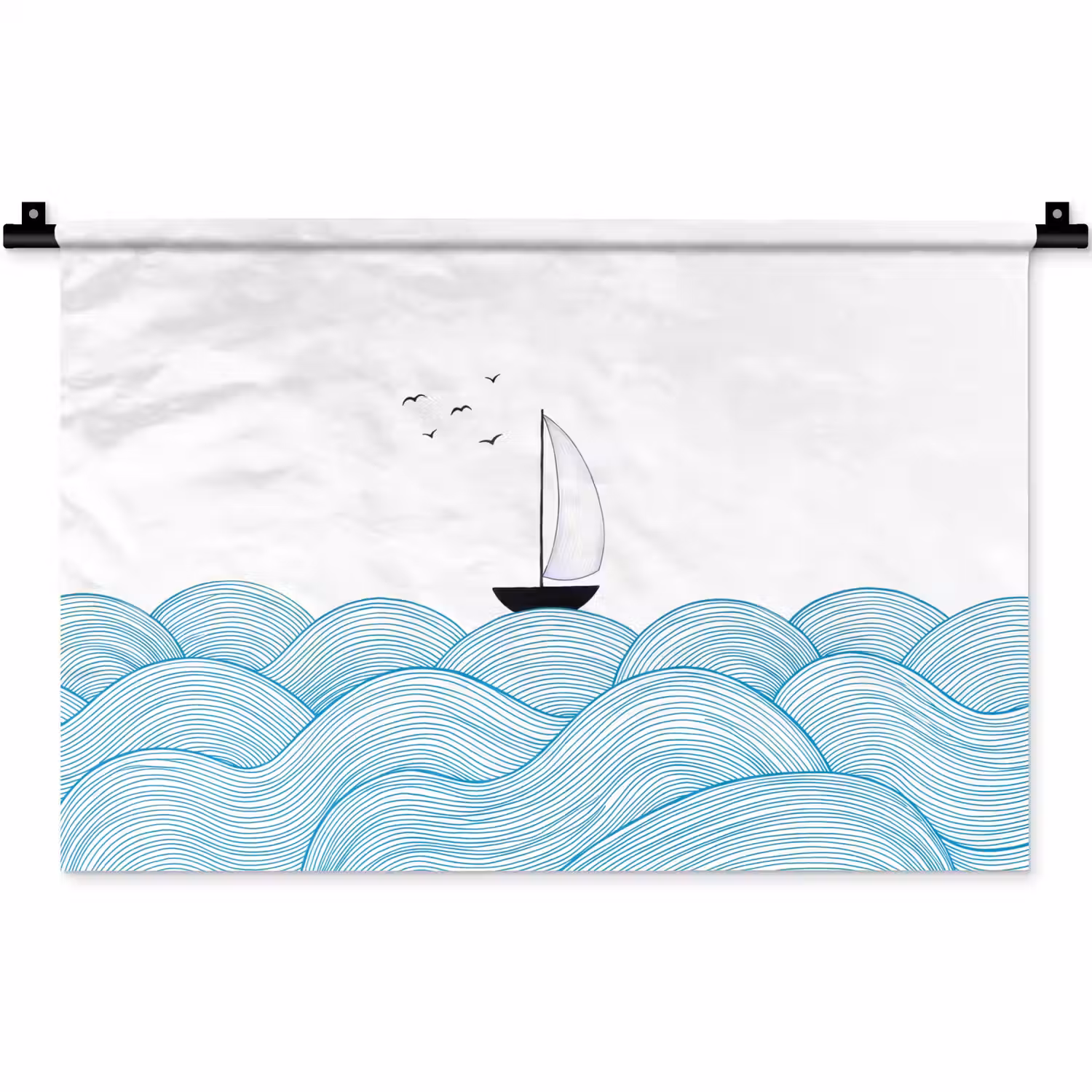Zeilboot - Golven - Zee - Illustratie - Blauw Wandkleed katoen klein -zz3d