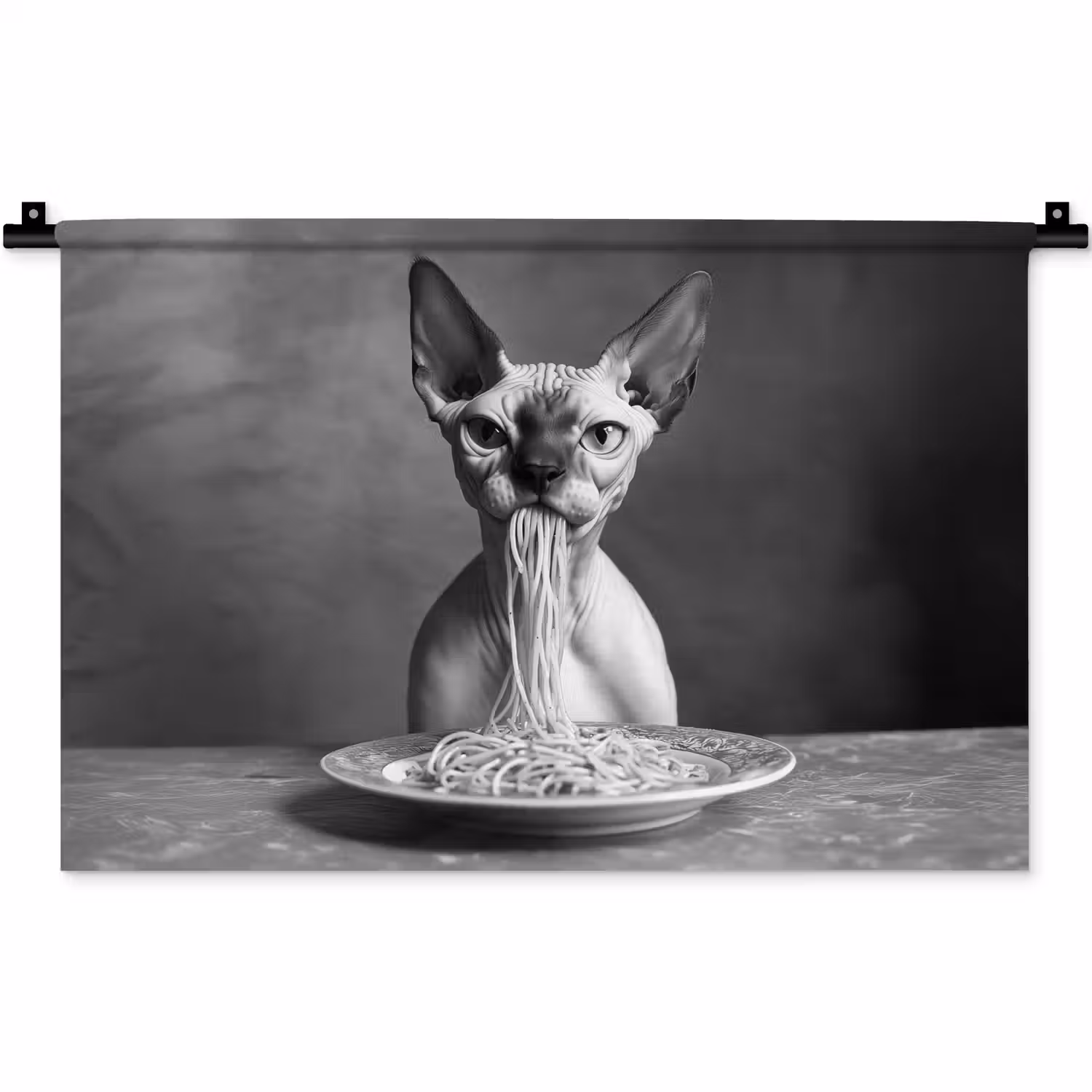 Sphynx - Kat - Dieren - Humor - Spaghetti - Zwart Wit Wandkleed katoen klein -zz3d
