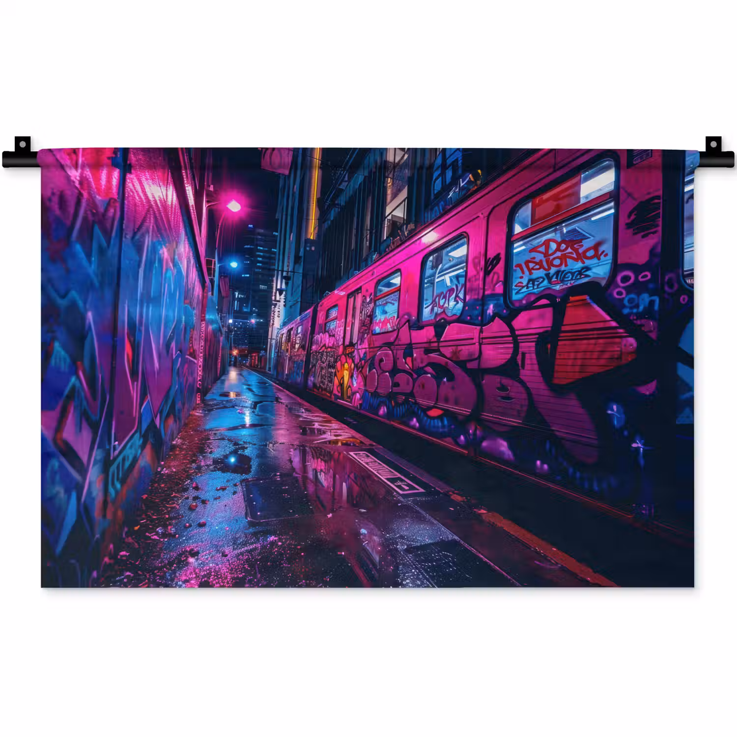 Stad - Neon - Nacht - Roze - Graffiti Wandkleed katoen klein -zz3d