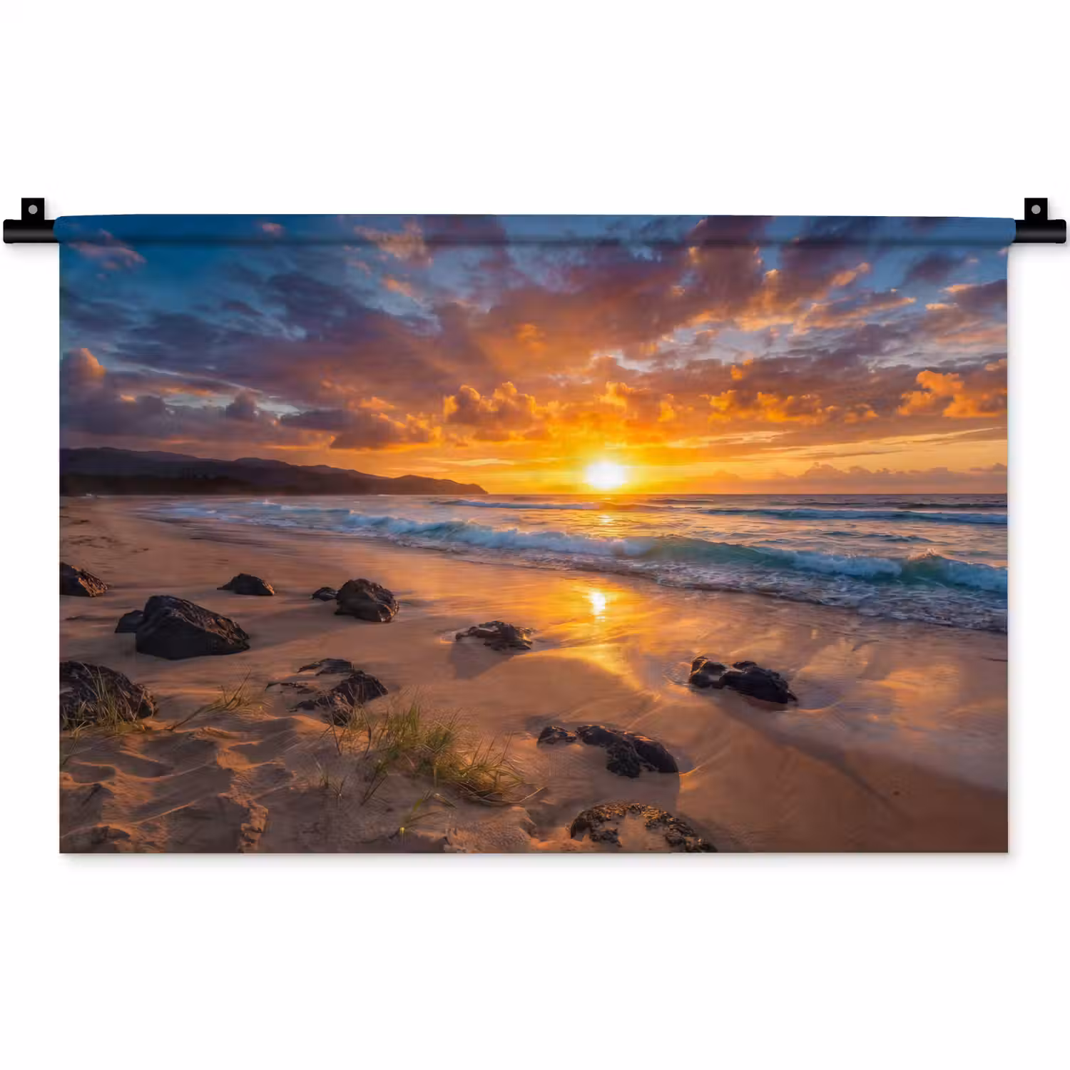 Strand - Zonsondergang - Golven - Natuur - Oranje Wandkleed katoen klein -zz3d