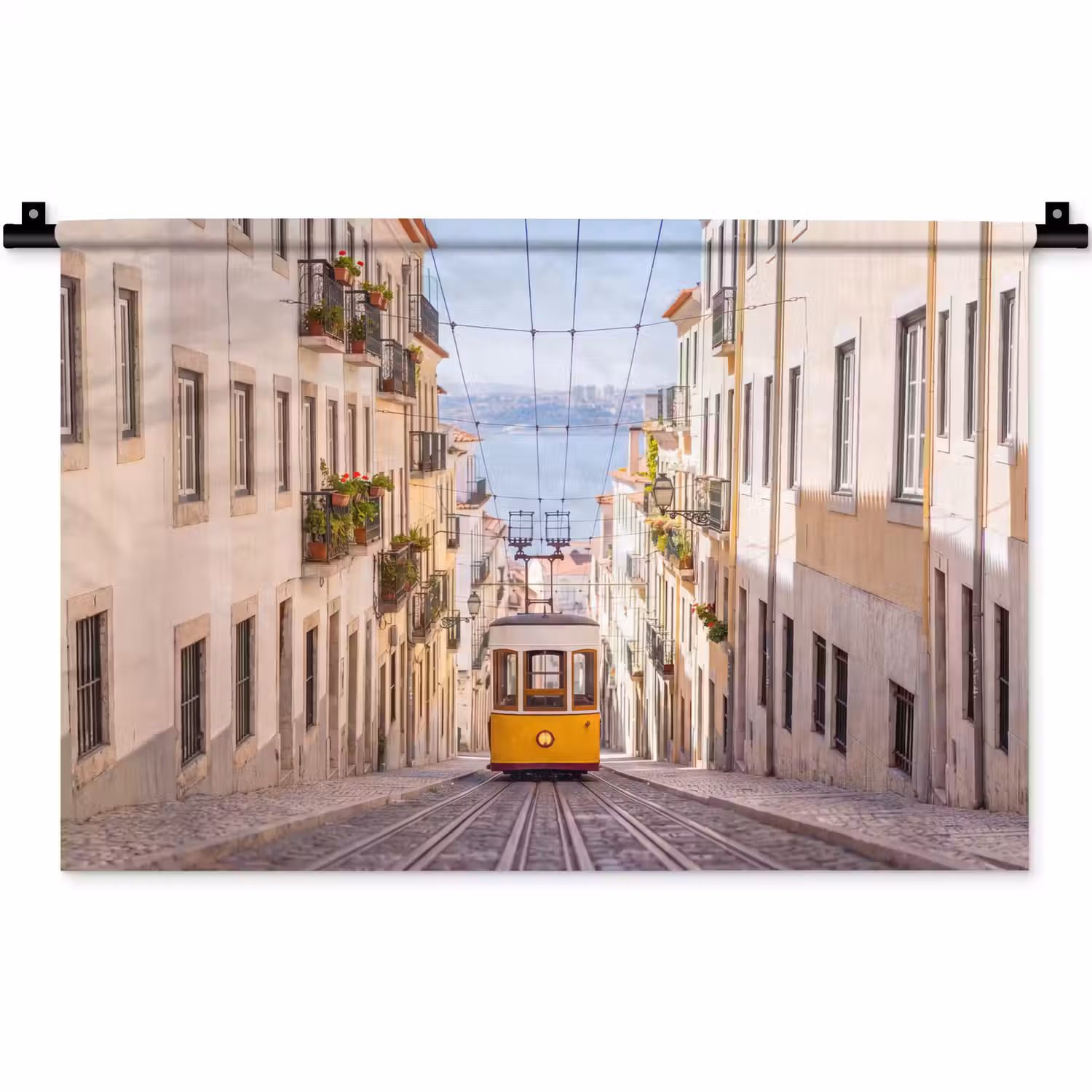 Tram - Straat - Stad - Architectuur - Geel Wandkleed katoen klein -zz3d