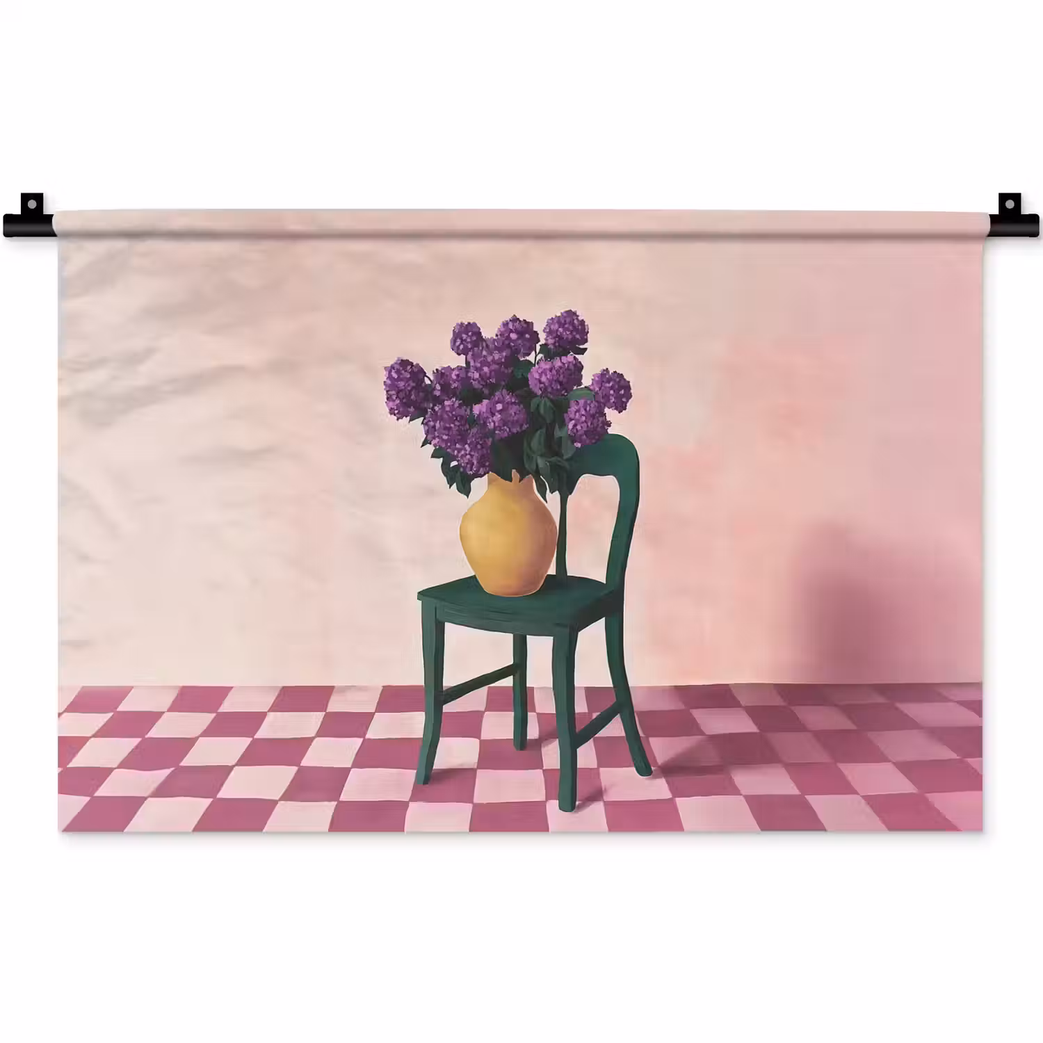 Stoel - Vaas - Bloemen - Geblokt Wandkleed katoen klein -zz3d