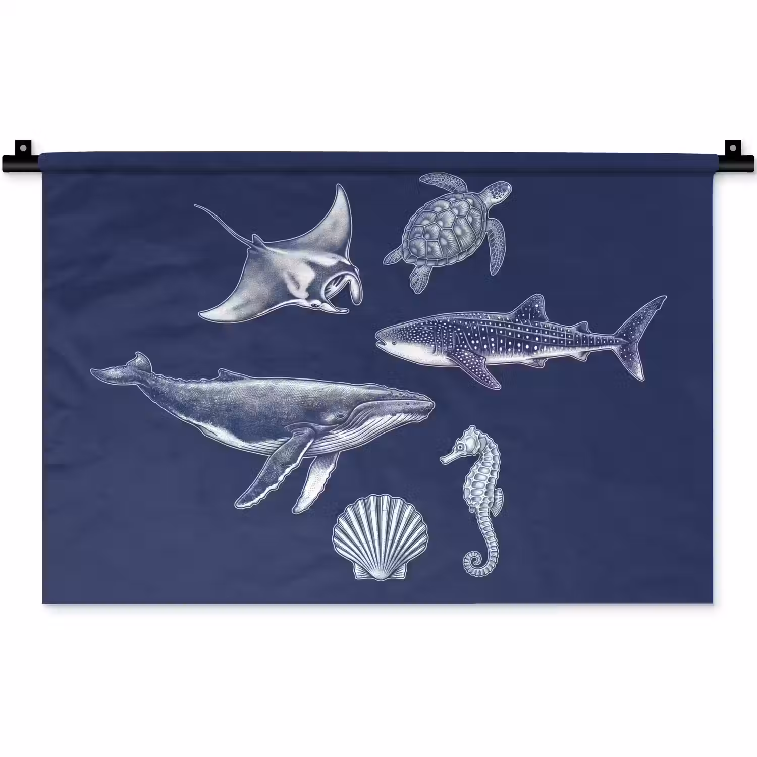 Dieren - Zeeleven - Oceaan - Graveren - Blauw Wandkleed katoen klein -zz3d