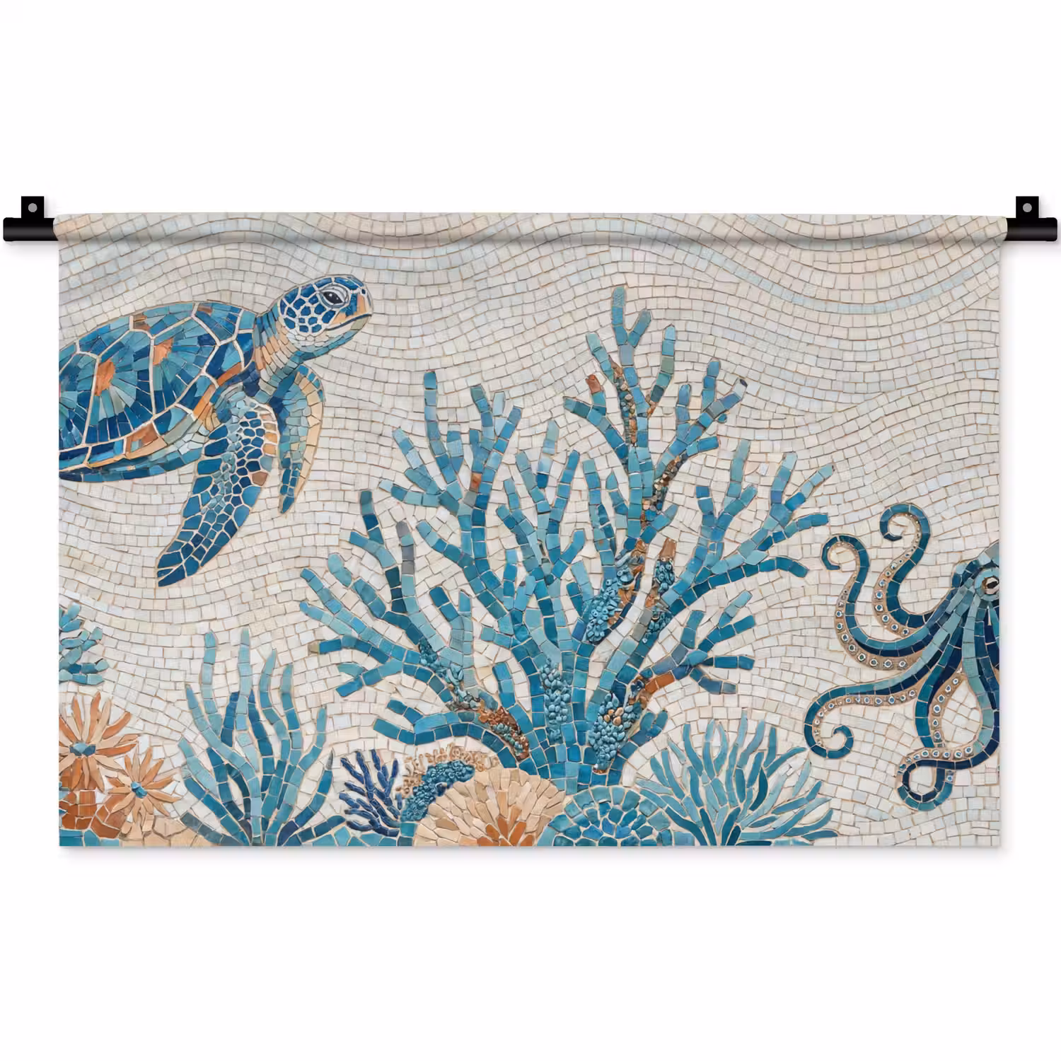 Dieren - Onderwater - Natuur - Mozaïek - Blauw Wandkleed katoen klein -zz3d