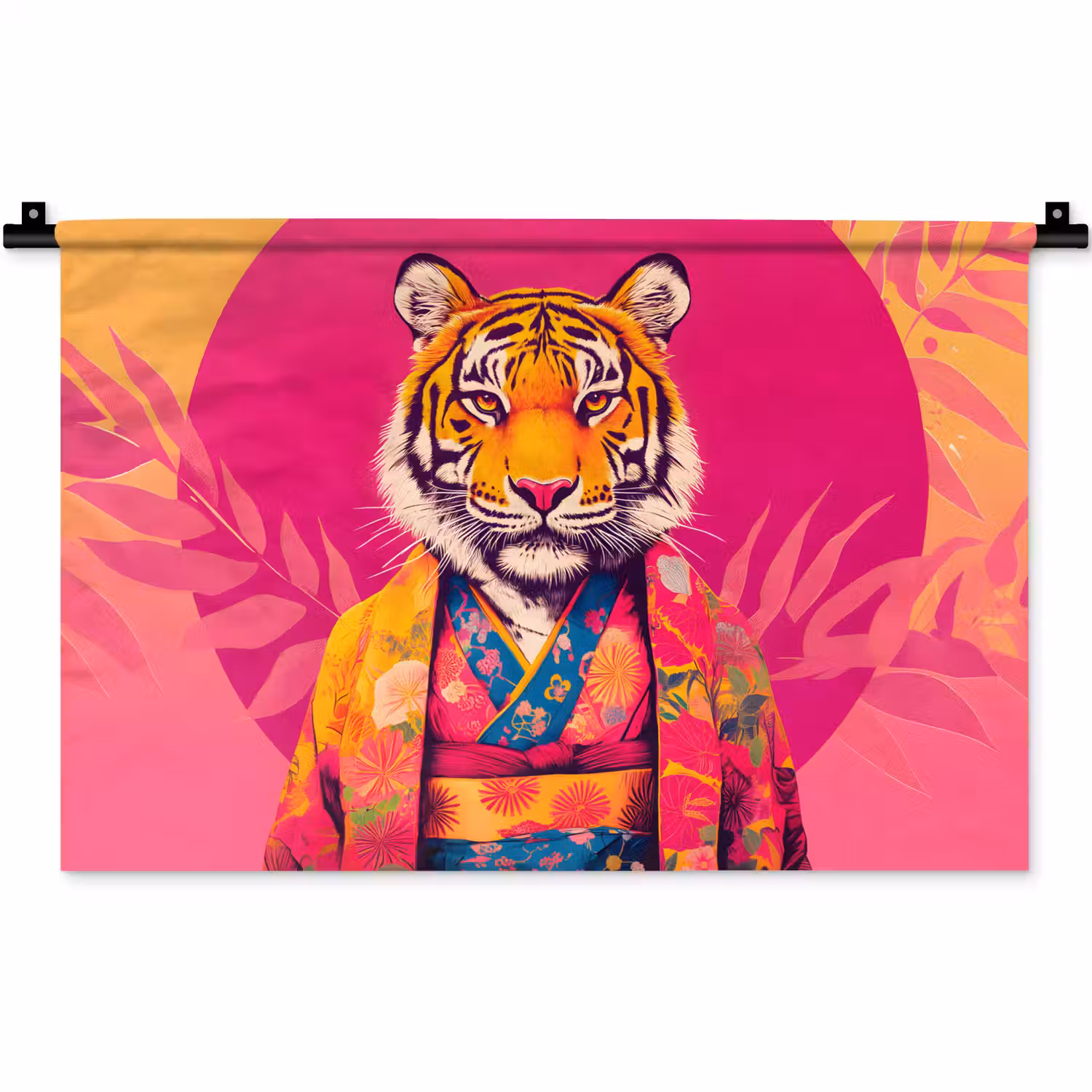 Tijger - Kimono - Planten - Roze Wandkleed katoen klein -zz3d