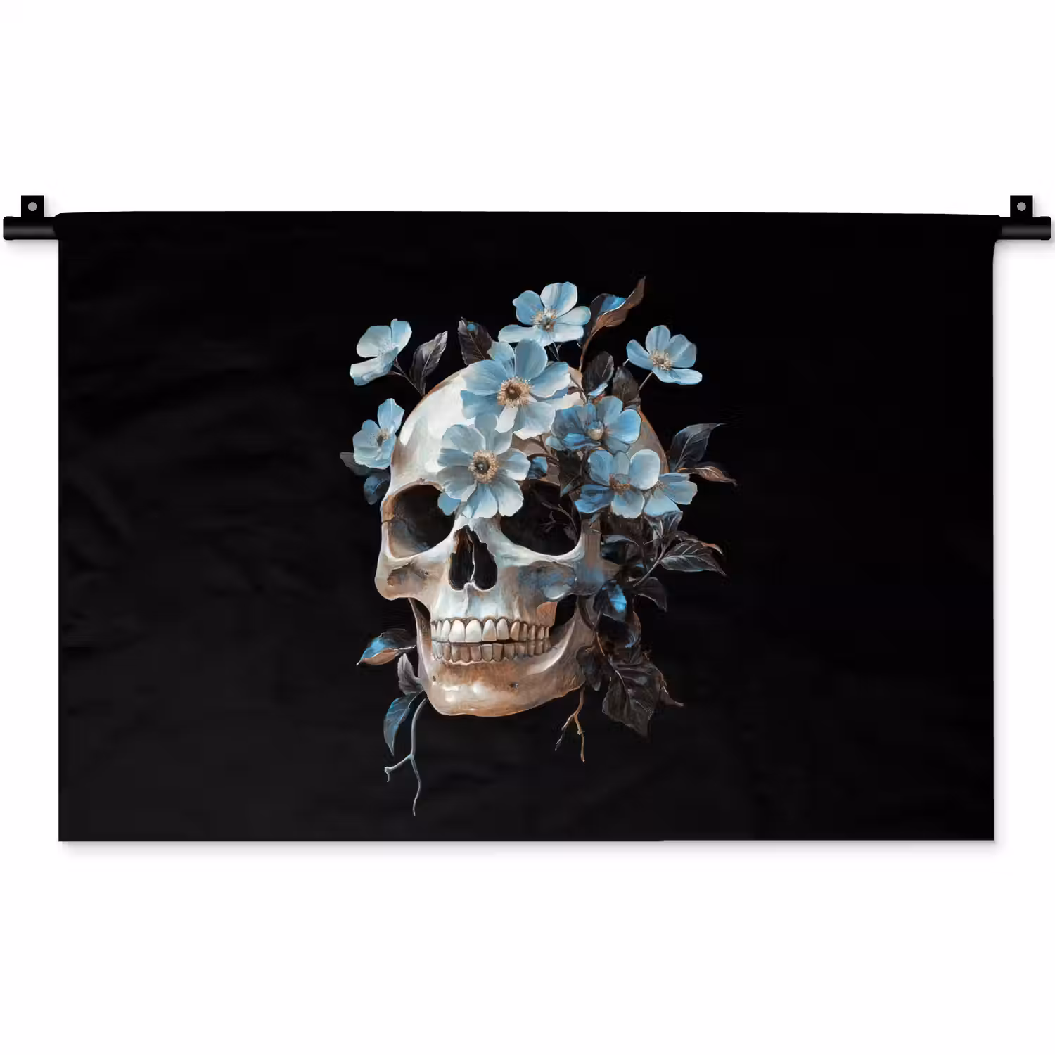 Schedel - Blauw - Bloemen - Bladeren Wandkleed katoen klein -zz3d