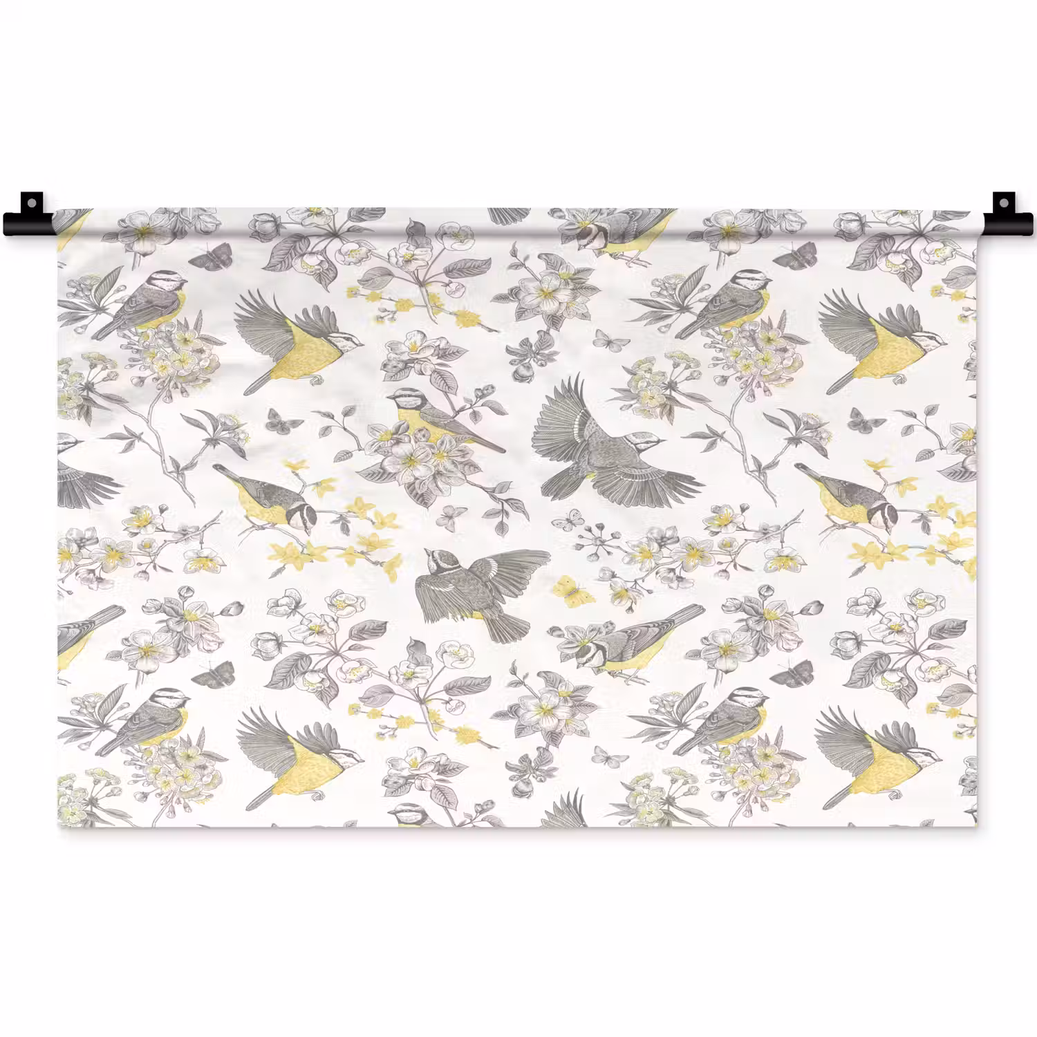 Birds - Flowers - Gray - Yellow Wandkleed katoen klein 269 -zz3d