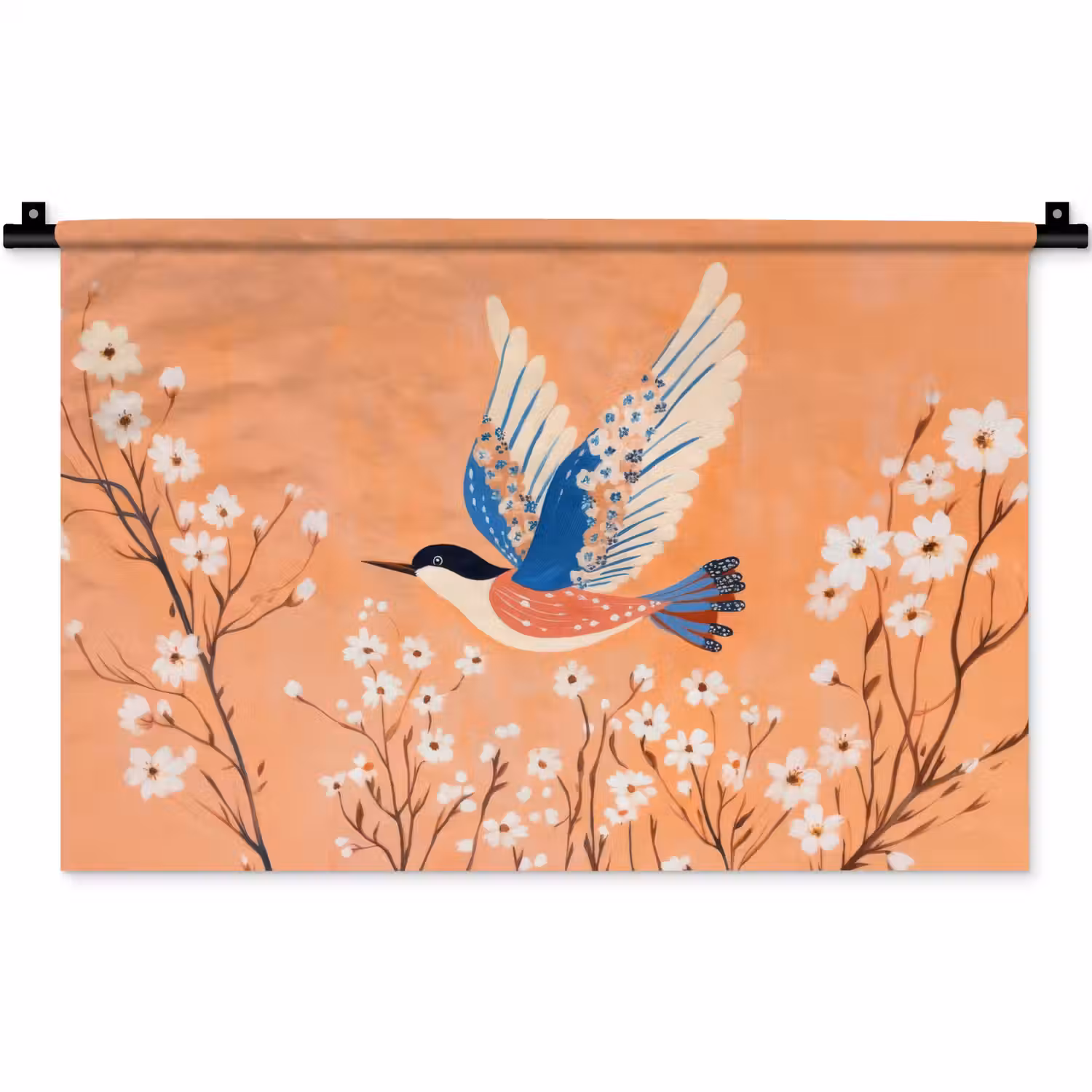 Vogel - Bloesemtakken - Warm - Kleurrijk Wandkleed katoen klein -zz3d