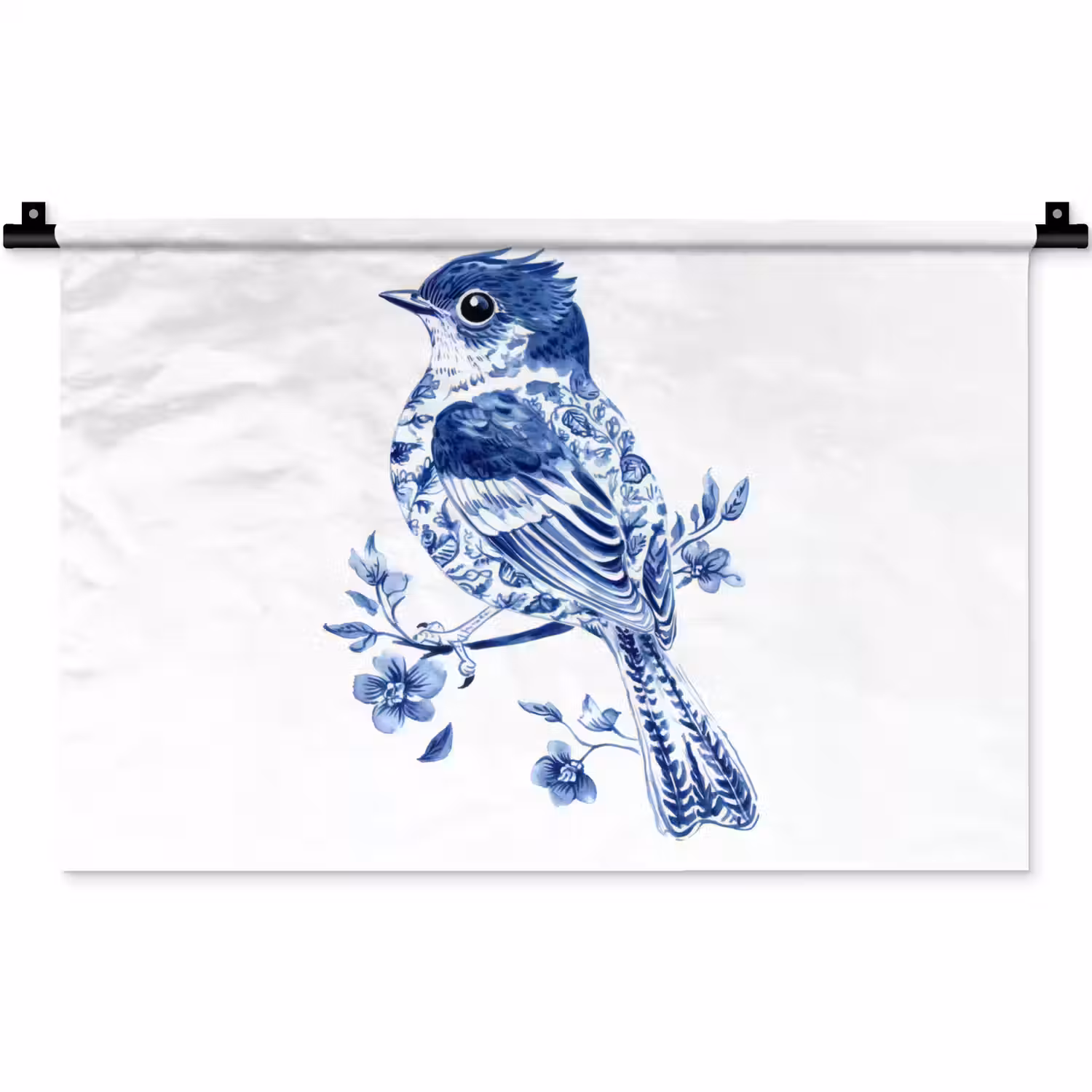 Vogel - Delfts blauw - Illustratie - Bloemen Wandkleed katoen klein -zz3d