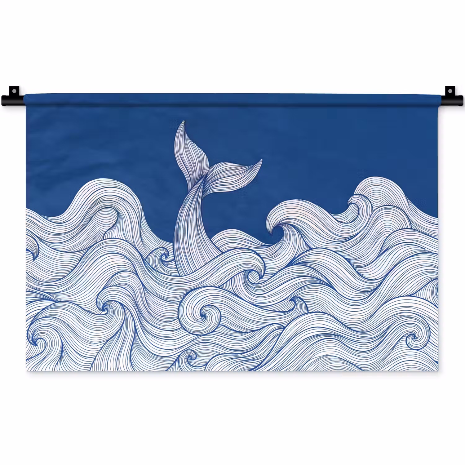 Walvis - Staart - Golven - Lijntekening - Blauw Wandkleed katoen klein -zz3d