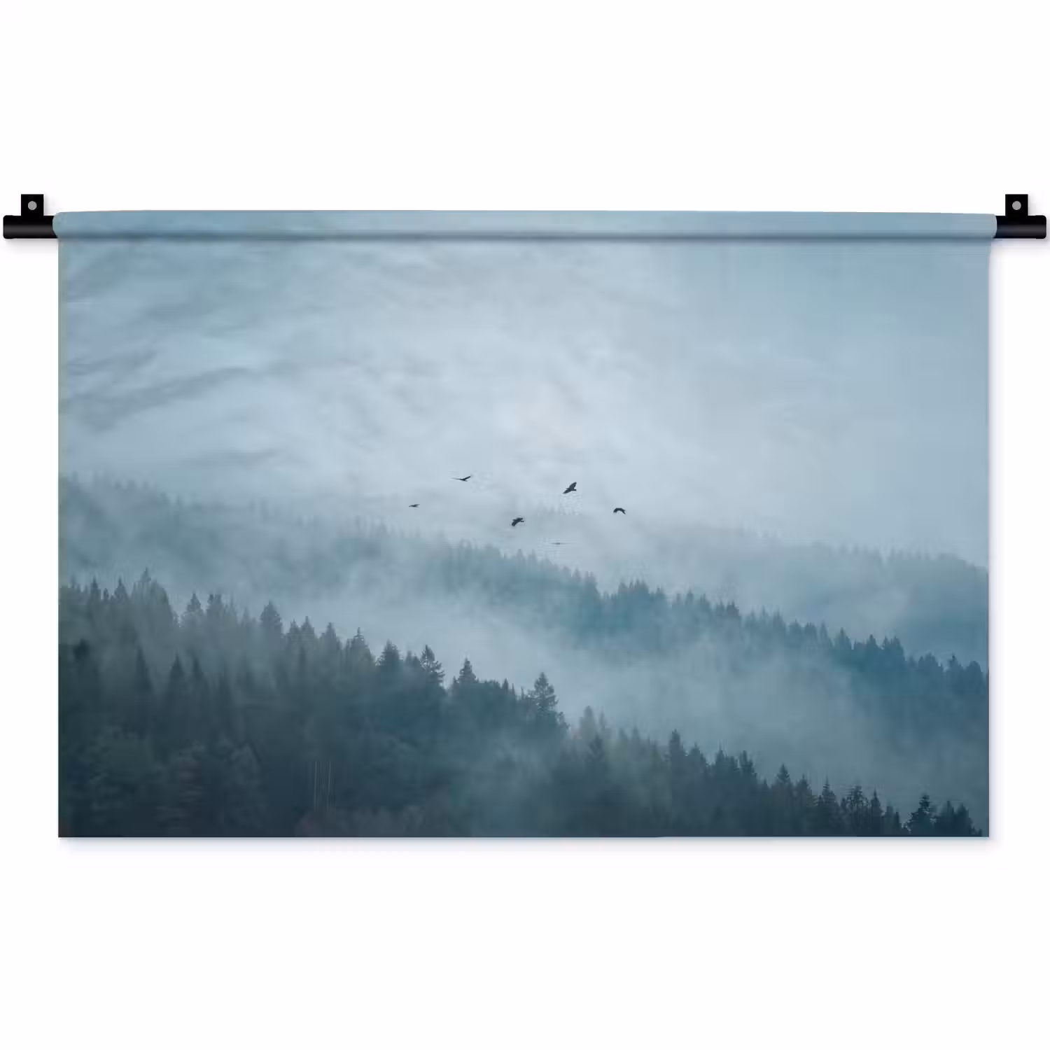 Bos - Mist - Vogels - Natuur - Groen Wandkleed katoen klein -zz3d