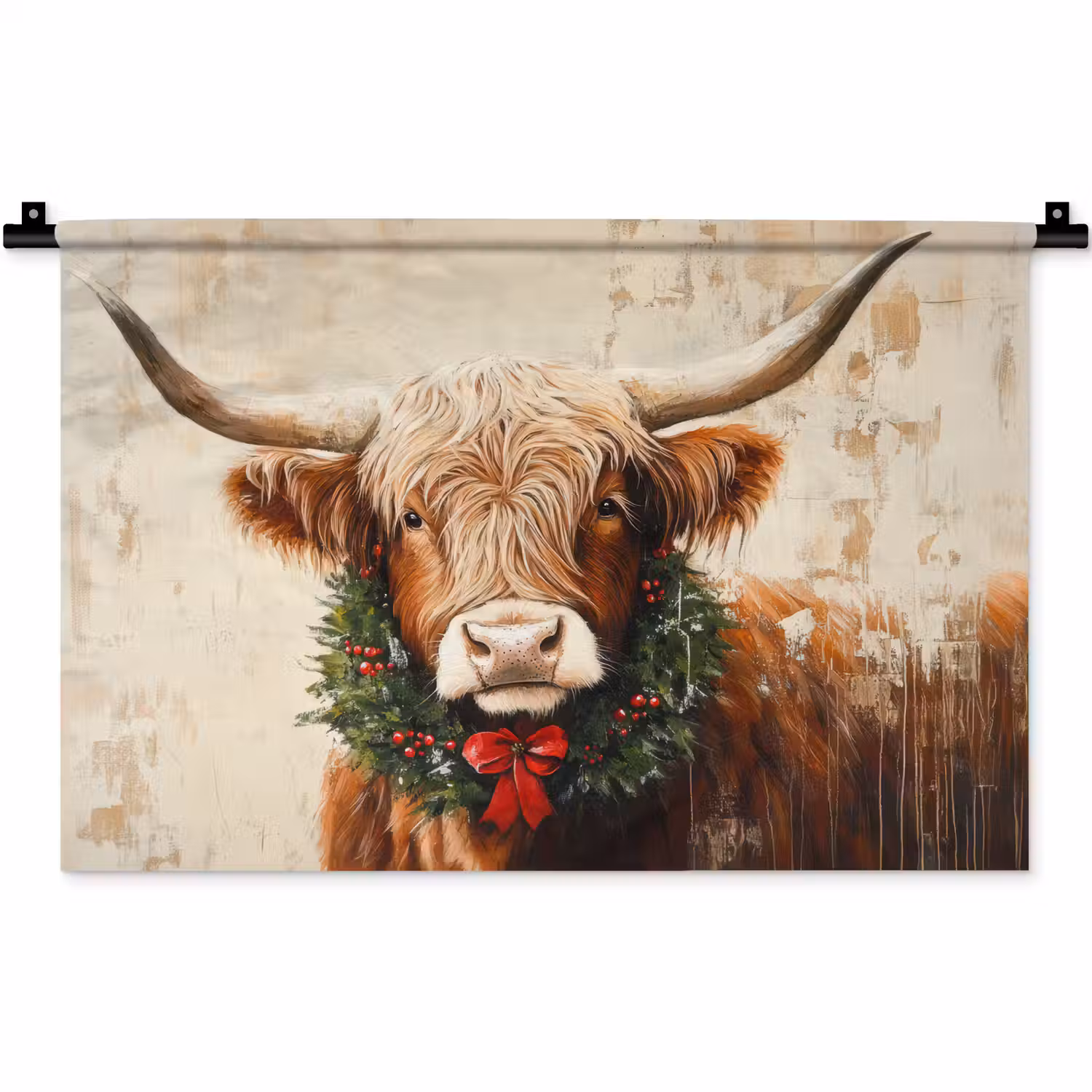 Kerst - Schotse Hooglander - Bruin - Krans Wandkleed katoen klein -zz3d