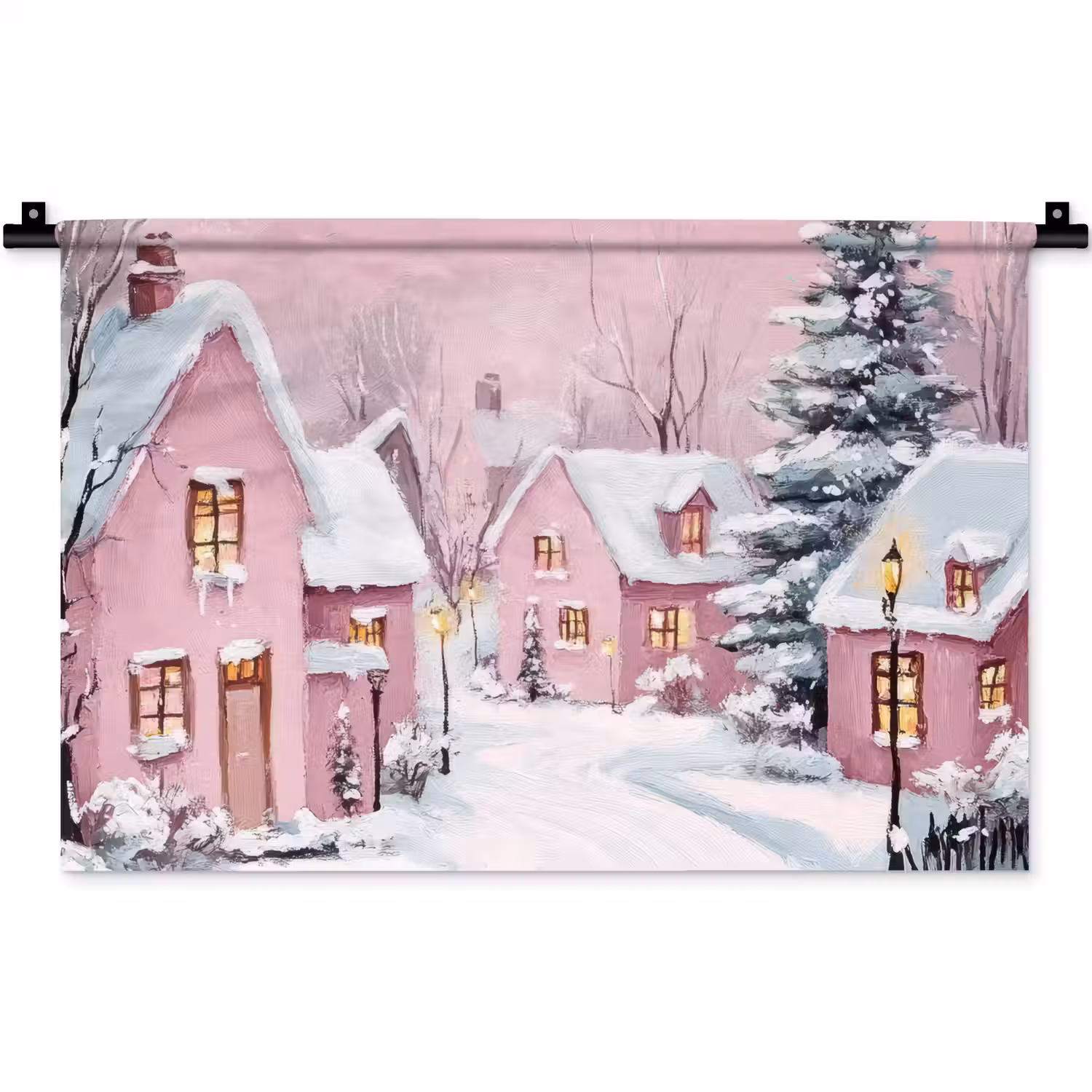Kerstdorp - Roze - Winter - Sneeuw - Huizen Wandkleed katoen klein -zz3d