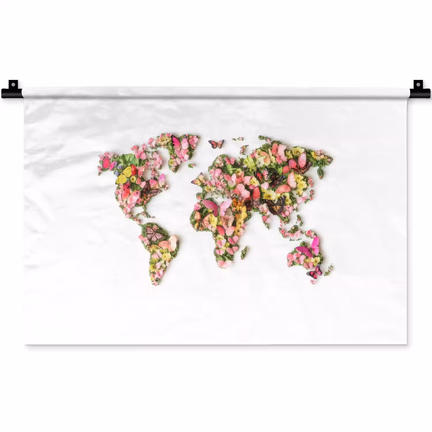 Wereldkaart - Bloemen - Felgekleurd Wandkleed katoen klein -zz3d