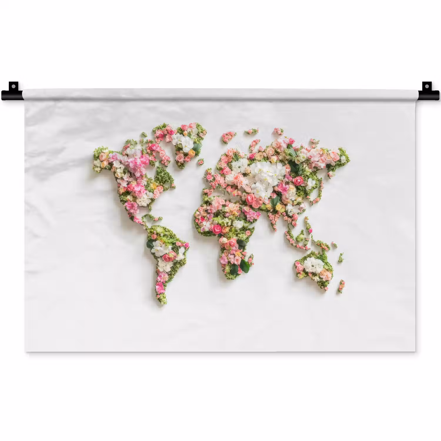Wereldkaart - Bloemen - Subtiel Wandkleed katoen klein -zz3d