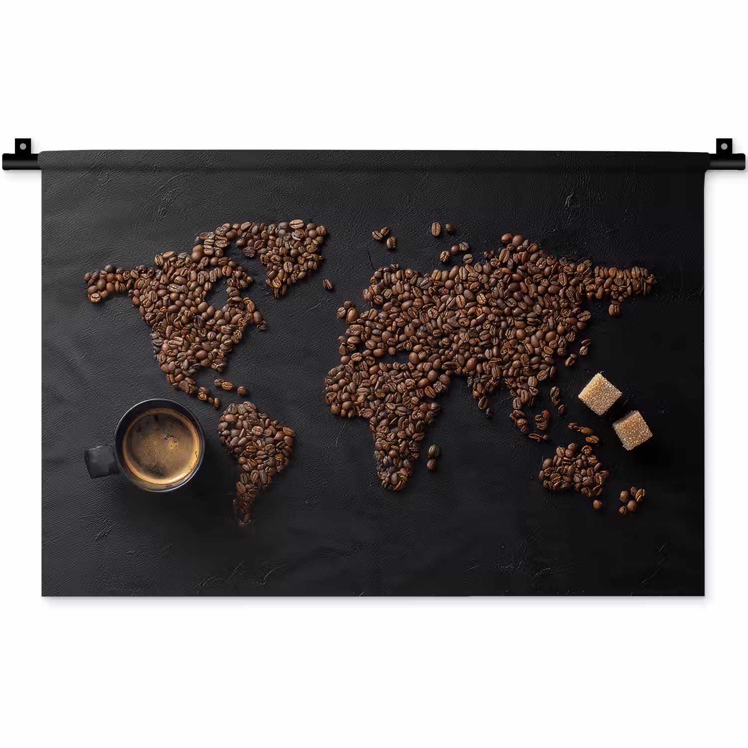 Wereldkaart - Espresso - Zwart Wandkleed katoen klein -zz3d