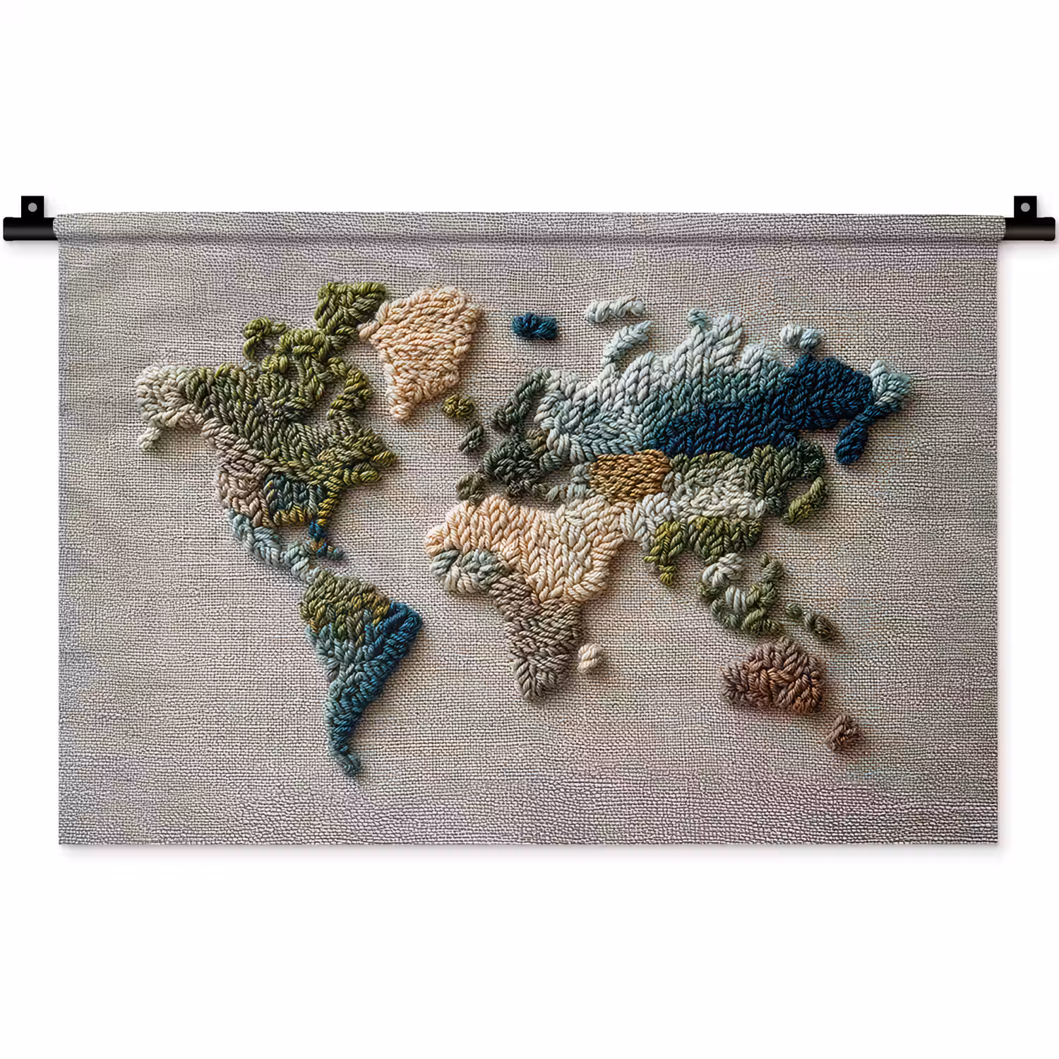 Wereldkaart - Geborduurd - Aardetinten Wandkleed katoen klein -zz3d
