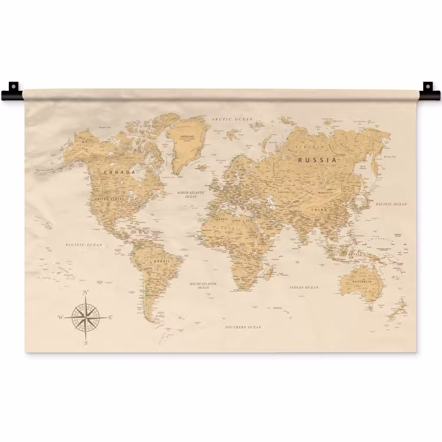 Wereldkaart - Realistisch - Beige Wandkleed katoen klein -zz3d