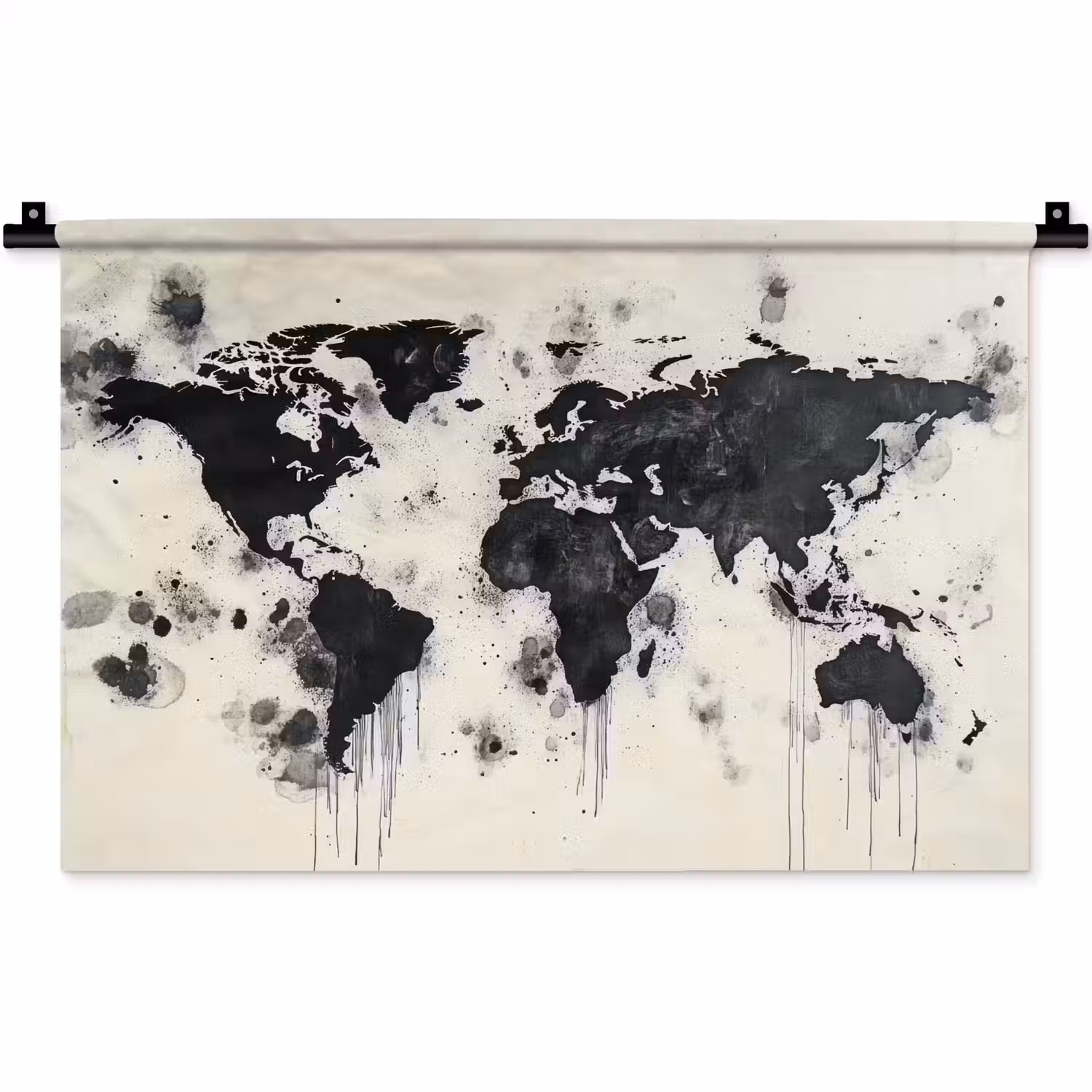 Wereldkaart - Zwart - Inkt Wandkleed katoen klein -zz3d