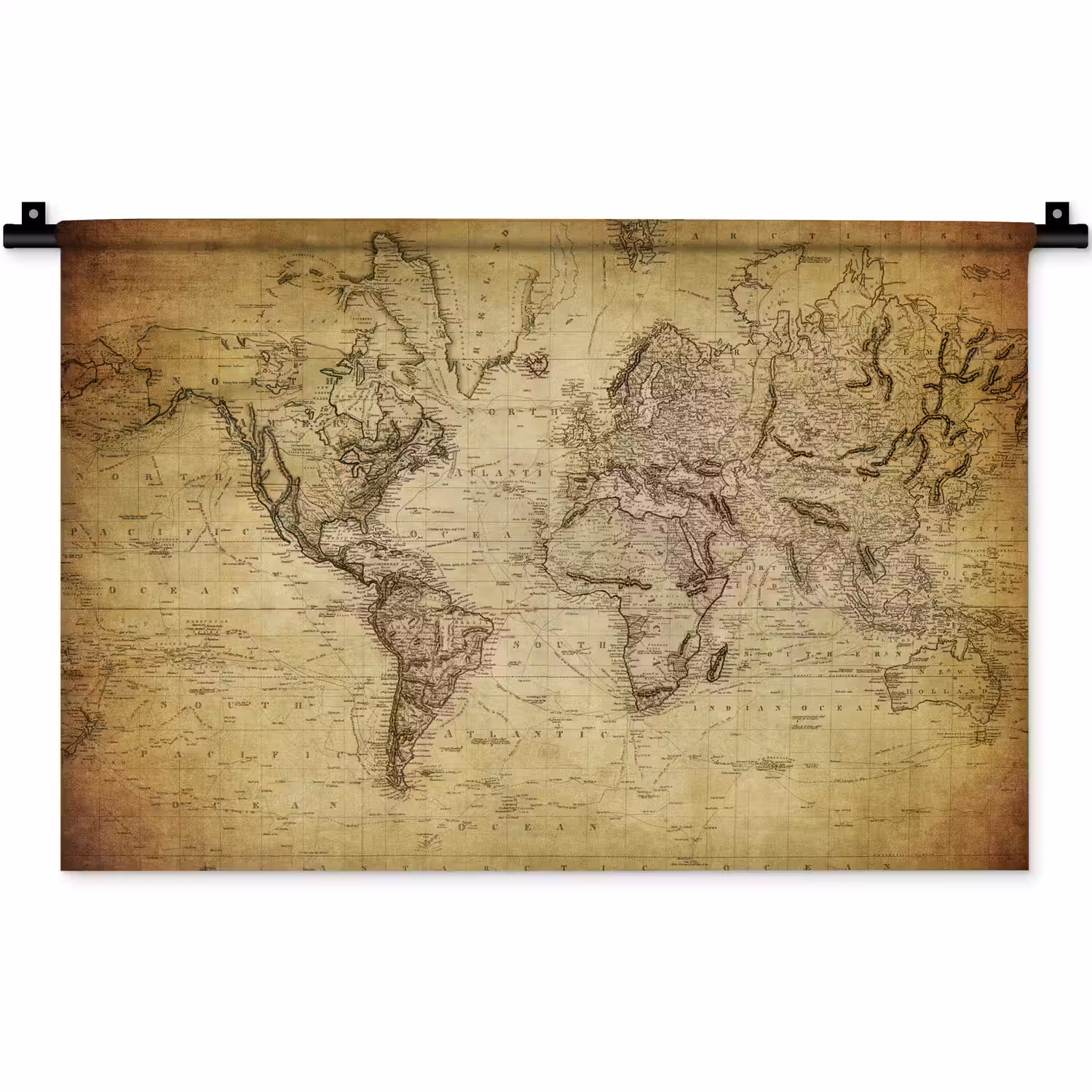 Wereldkaart - Vintage - Antiek - Bruin - Papier Wandkleed katoen klein -zz3d