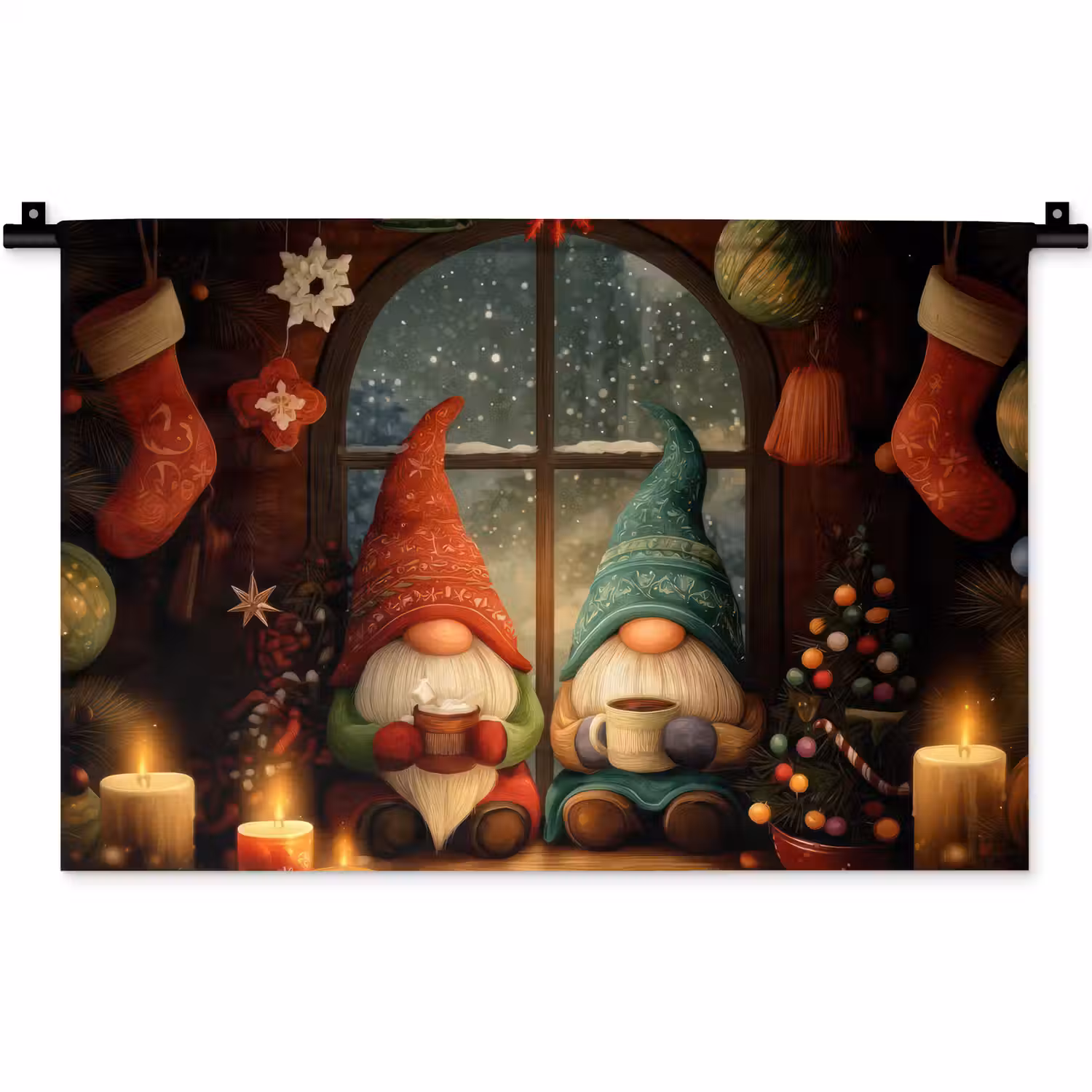 Gnooms - Kerst - Raam - Kleurrijk Wandkleed katoen klein -zz3d