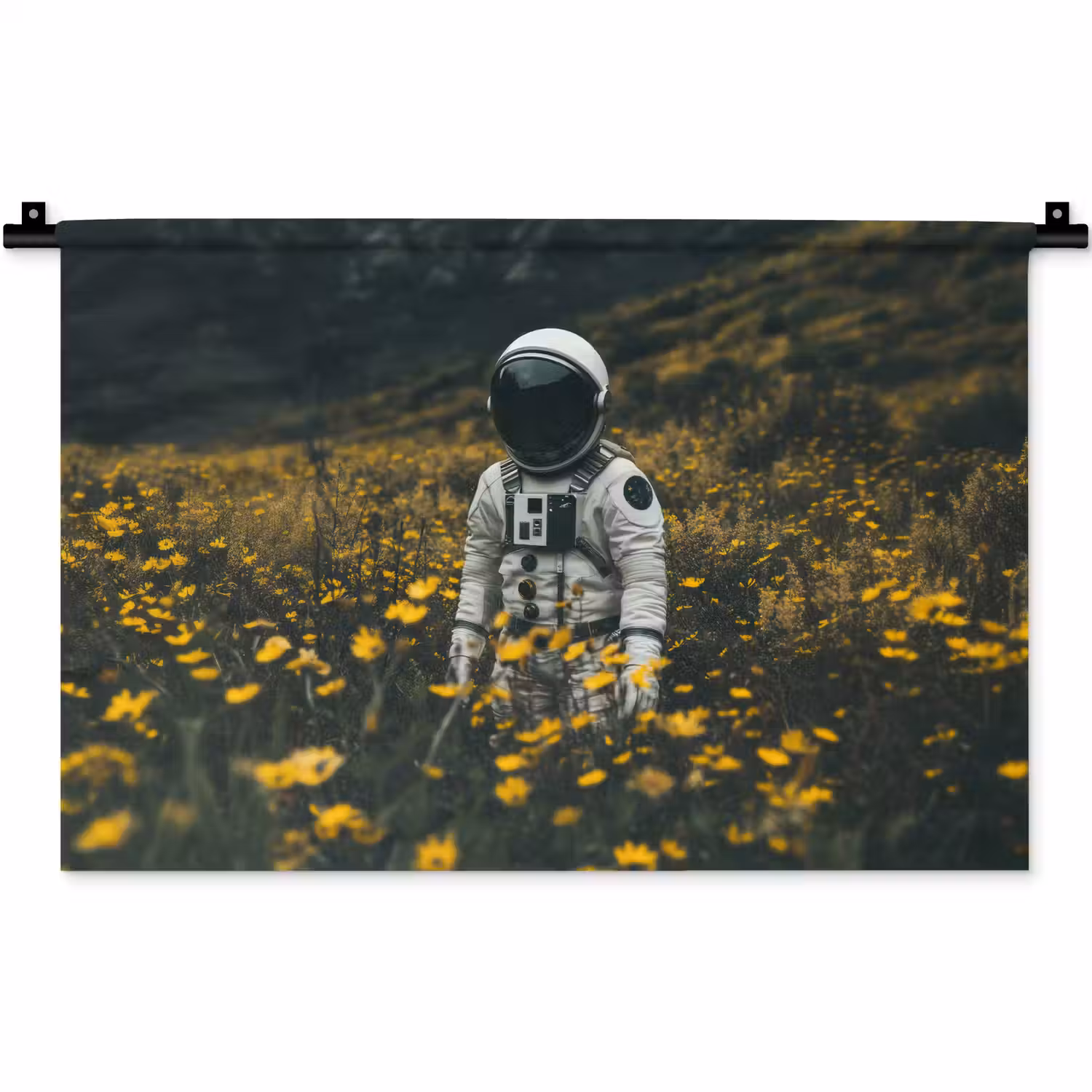 Astronaut - Bloemen - Veld - Geel Wandkleed katoen klein -zz3d