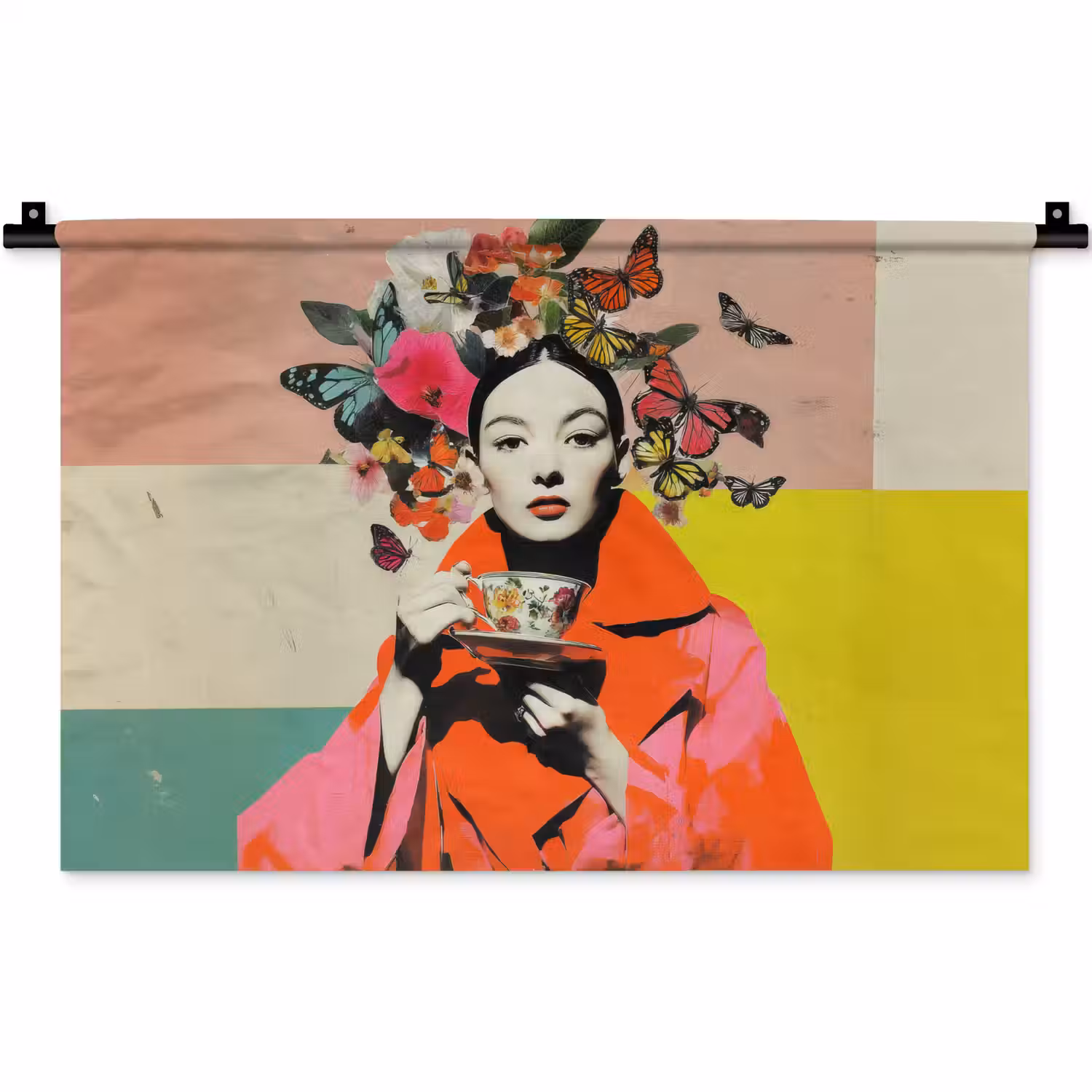 Retro - Vrouw - Kopje - Vlinders Wandkleed katoen klein -zz3d