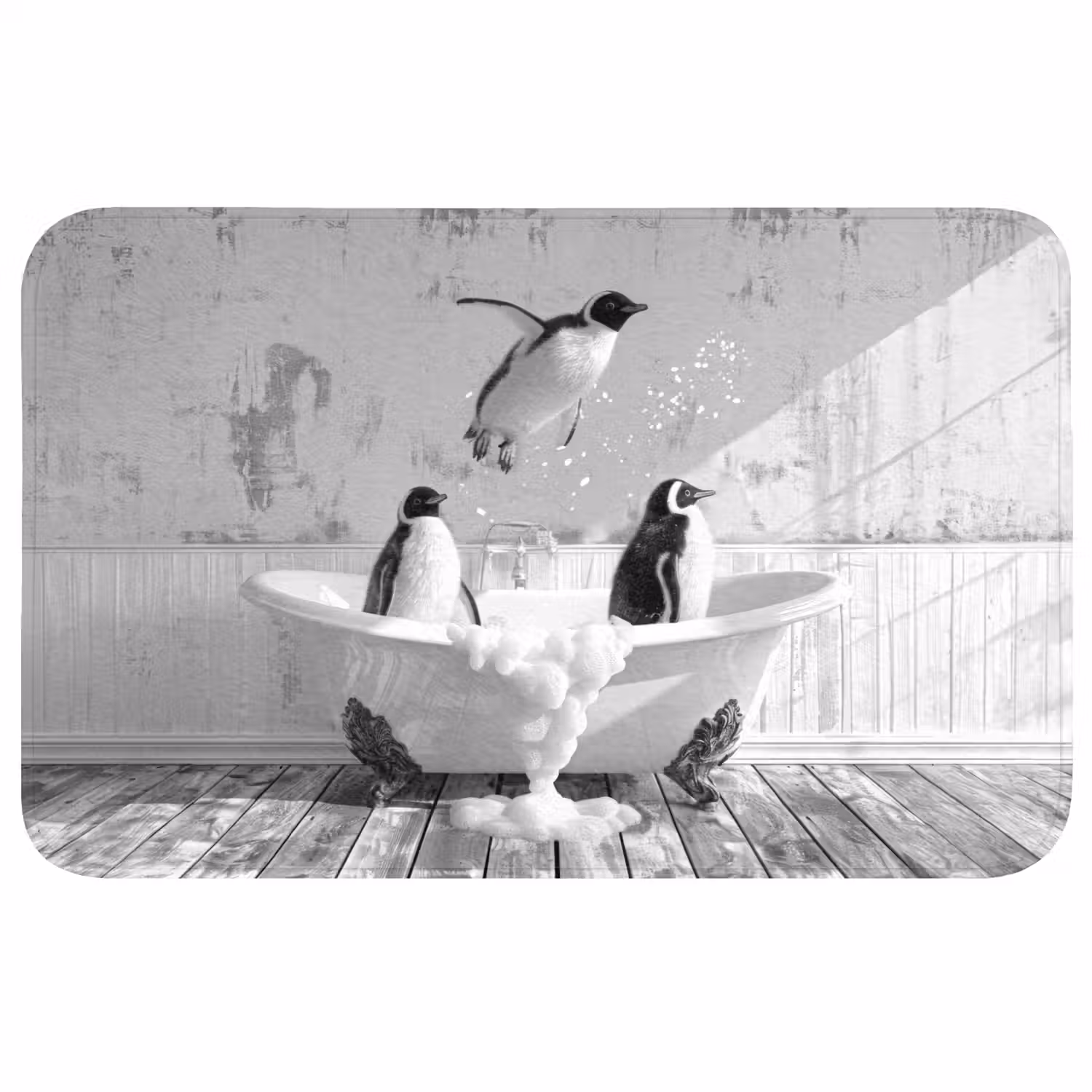 Pinguïns - Vintage - Dieren - Zwart - Wit WCmat middel -3d