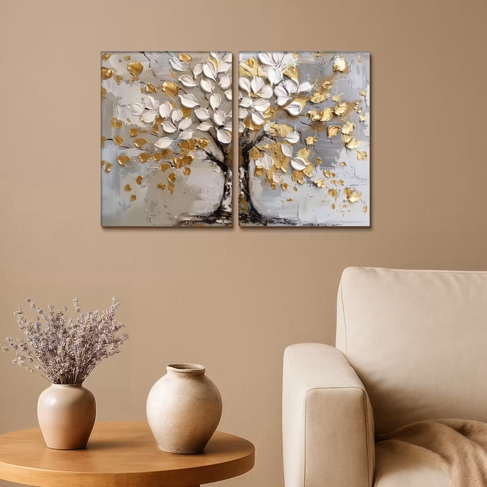 Leinwandbild - 2-teilig - Baum - Weiß - Gold - Lackoptik