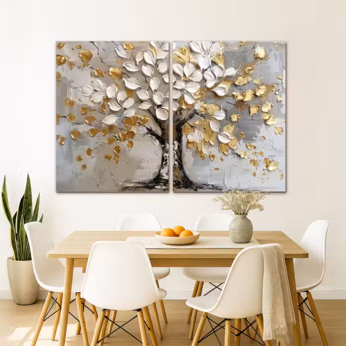 Leinwandbild - 2-teilig - Baum - Weiß - Gold - Lackoptik