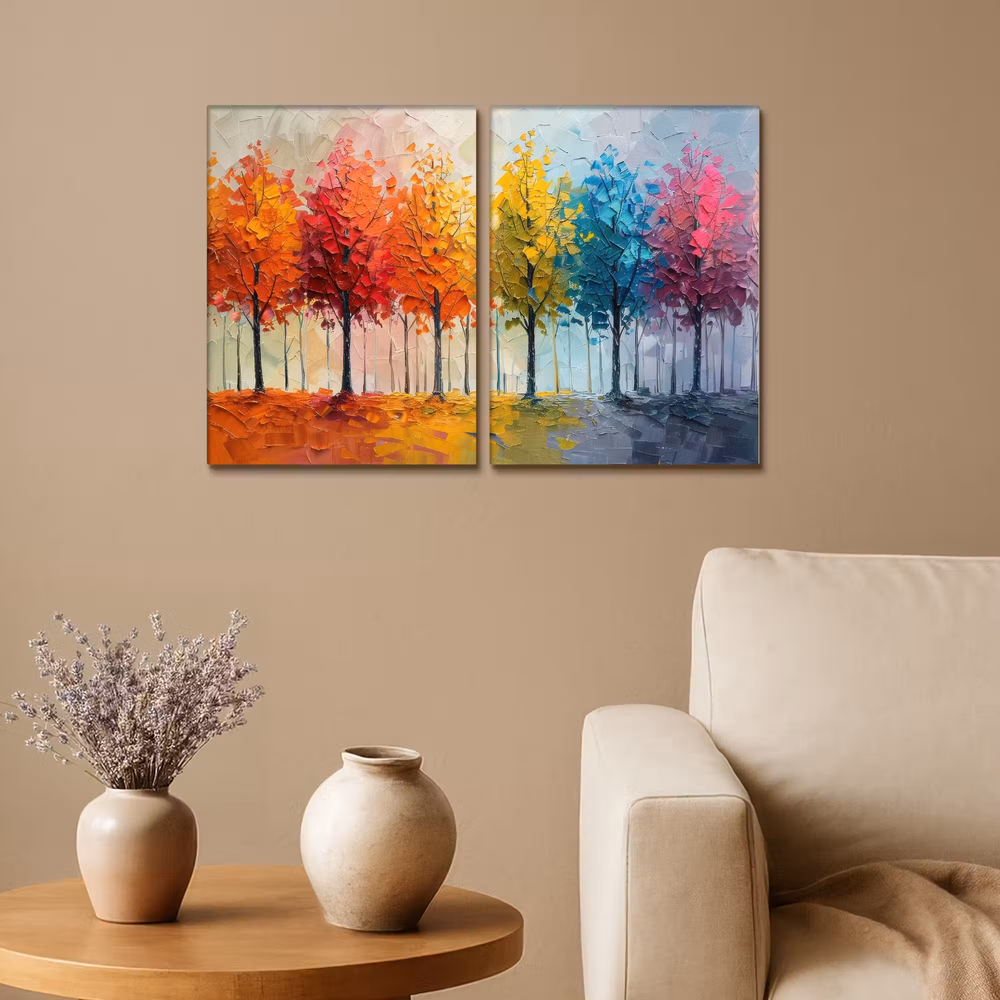 Leinwandbild - 2-teilig - Bäume - Farbenfroh - Modern - Gemaltes Aussehen