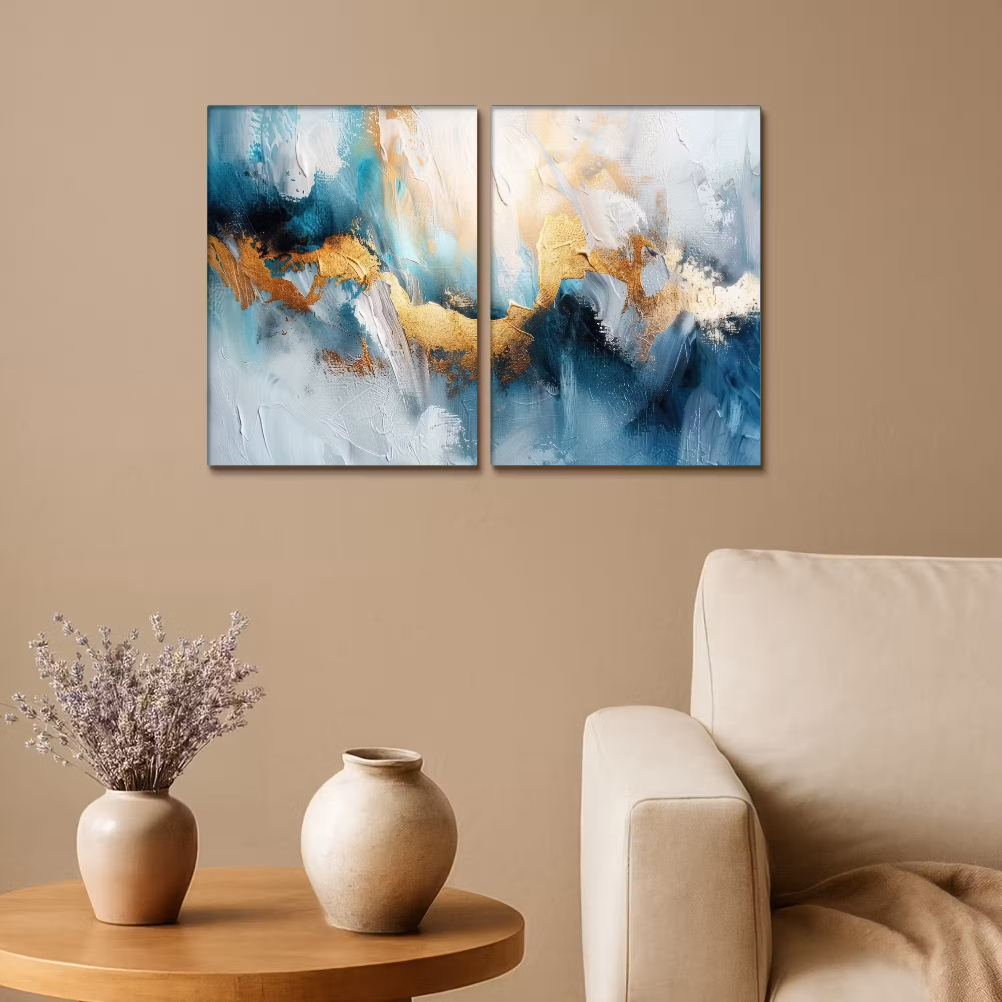 Leinwandbild - 2-teilig - Blau - Abstrakt - Weiß - Gold - Farbe