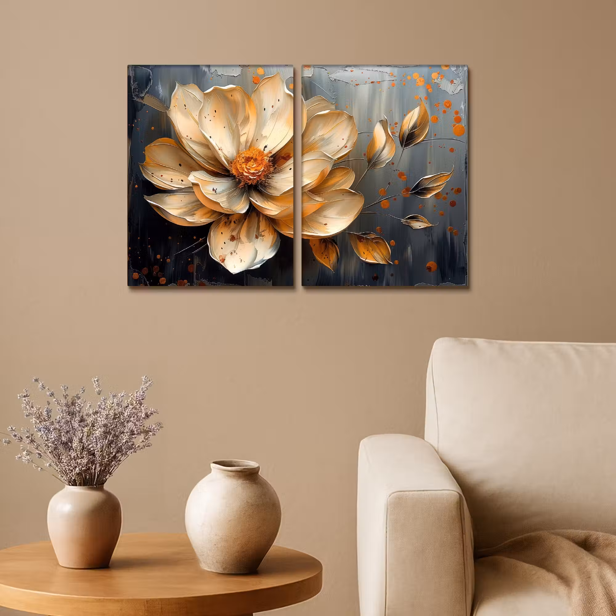 Leinwandbild - 2-teilig - Blume - Gold - Abstrakt - Farbe